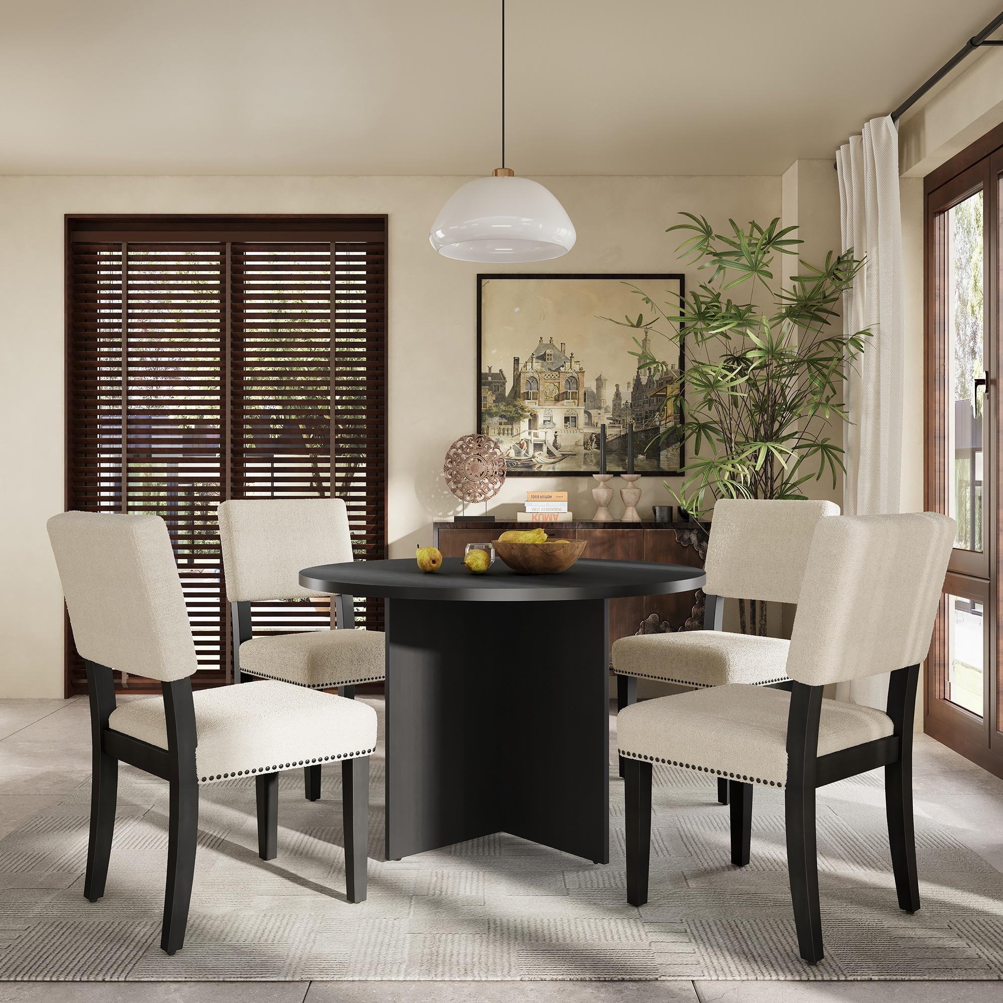 Black Round Pedestal Dining Table Set with Beige Upholstered Chairs