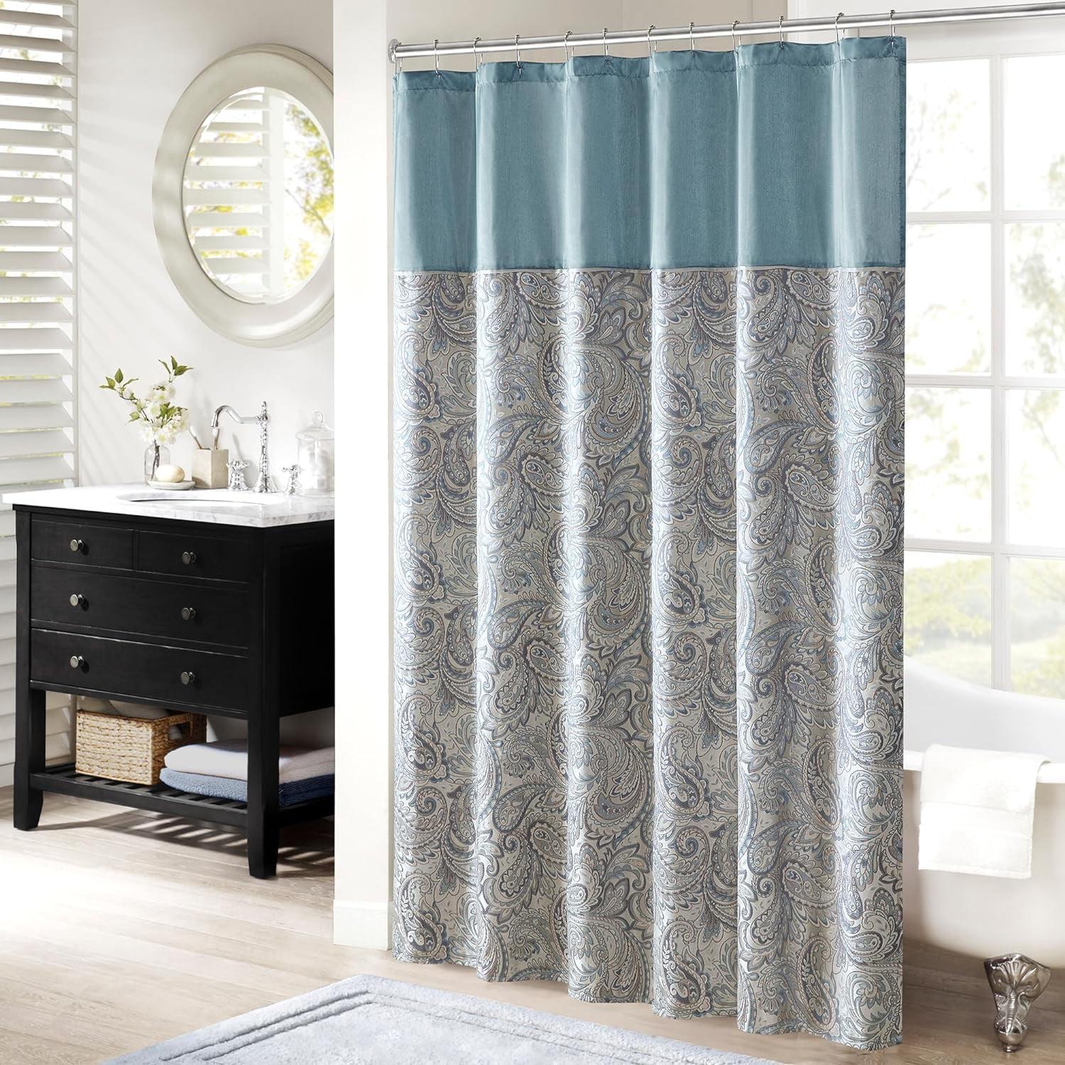 Teal Paisley Jacquard Faux Silk Shower Curtain 72x72