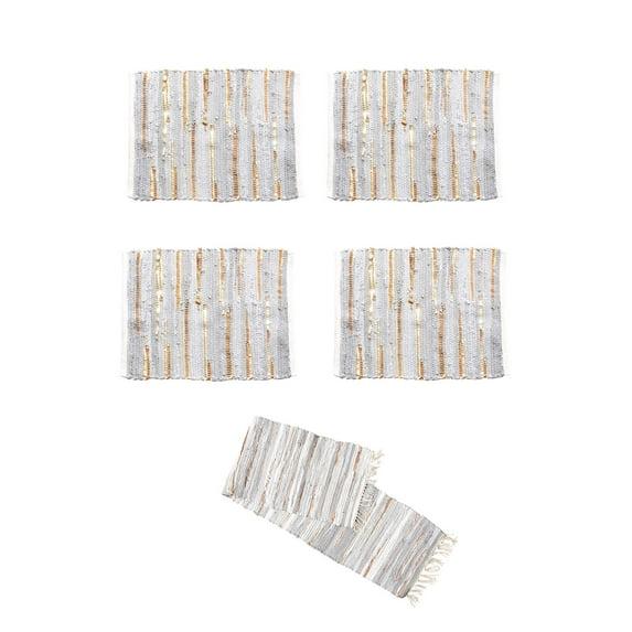 Audreys Gray and Gold Chindi Cloth Woven Table Runner W/ 4 Matching Placemats