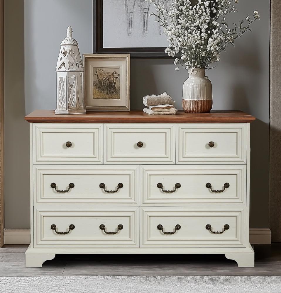 Aukfa Farmhouse 7 Drawers Dresser for Bedroom,Chest of 7 Drawers, Antique White