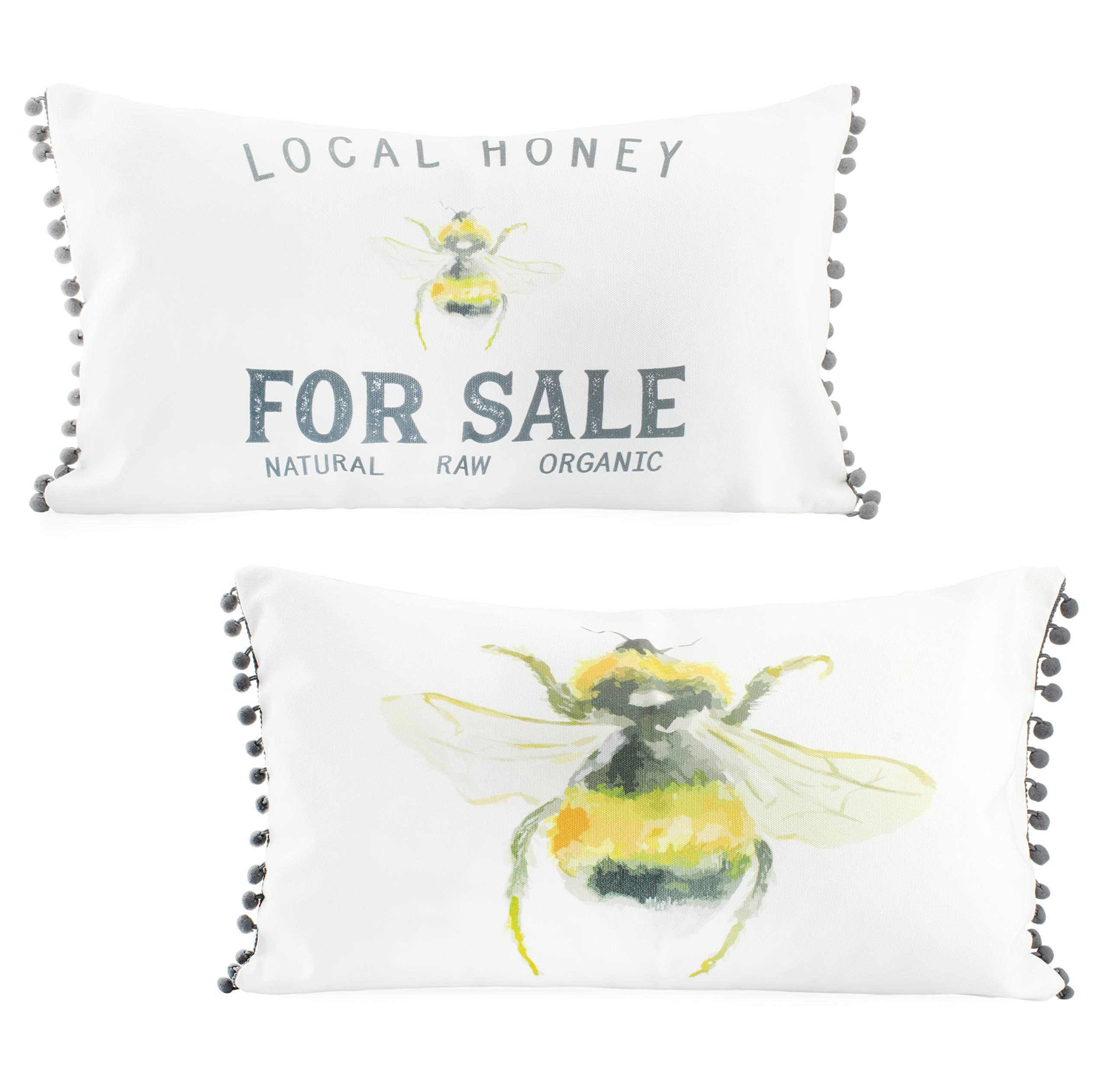 Bee Themed Off-White Polyester Lumbar Pillow Covers, Set of 2