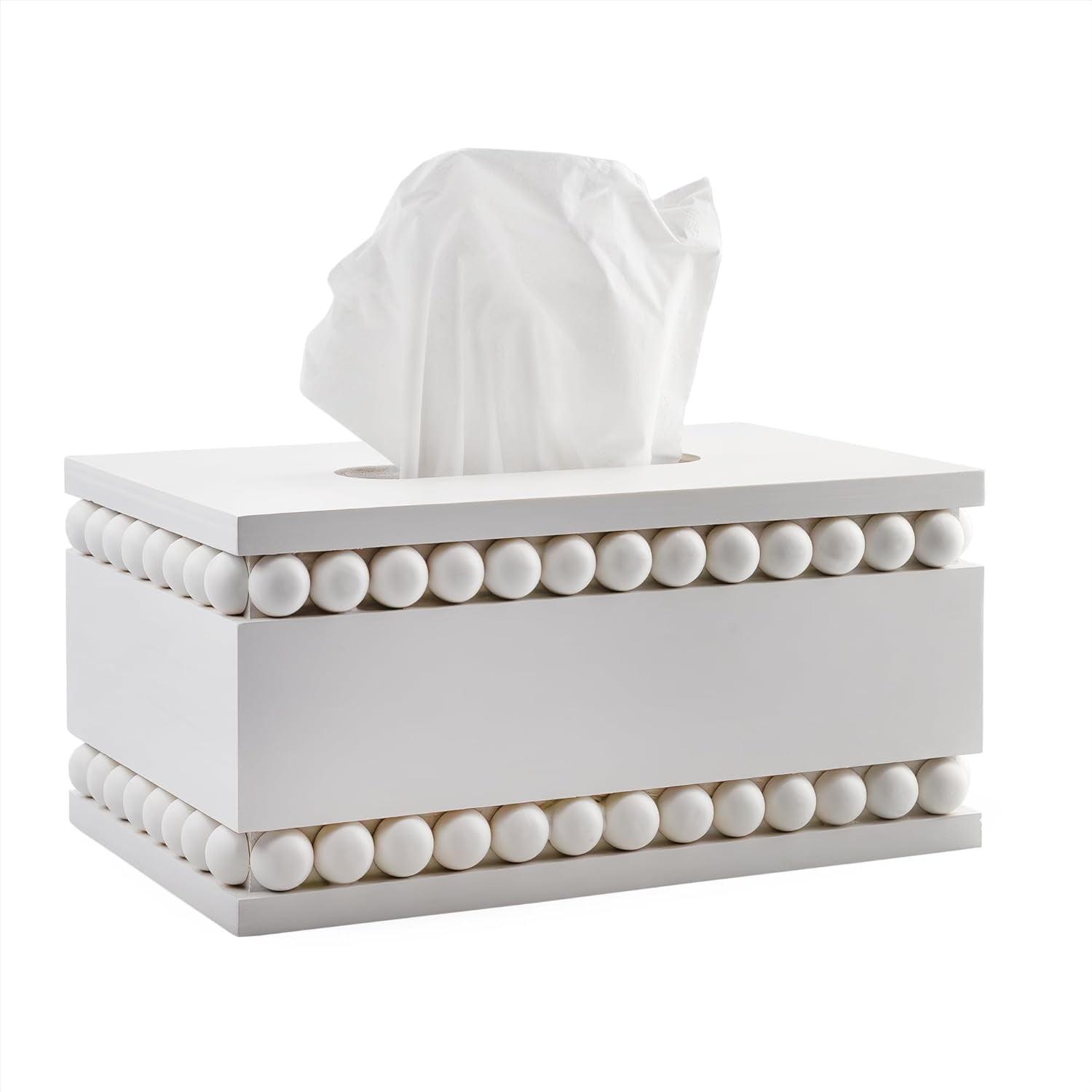 AuldHome Design Beaded Tissue Box Cover White; Rustic Farmhouse Wood Tissue Holder