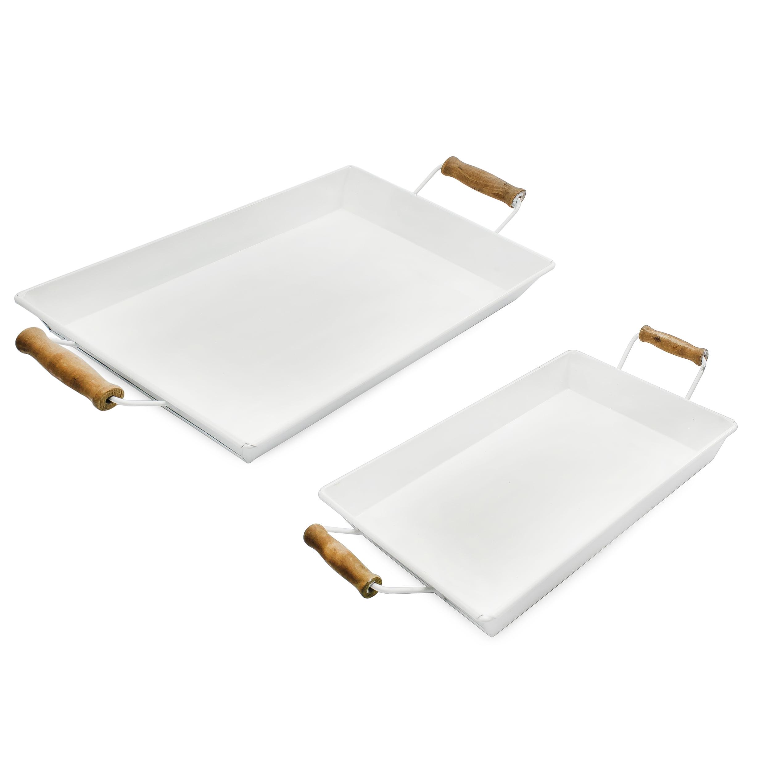 AuldHome Design  Rustic White Enamelware Trays, Small & Medium 2pc Set; Farmhouse Decor Trays w/ Handles