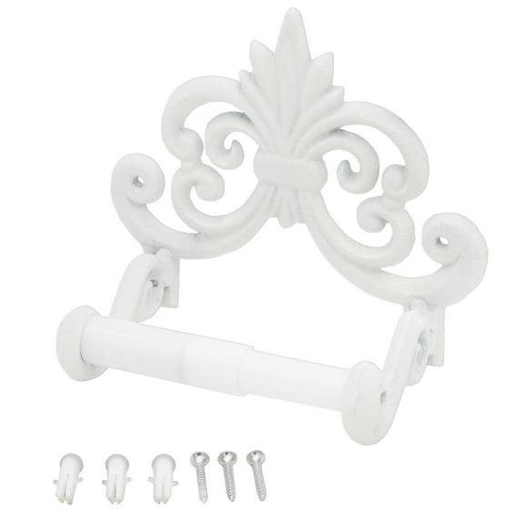 AuldHome Design White Farmhouse Cast Iron Toilet Paper Holder; Wall Mount Vintage Decor Fleur de Lis TP Hanger