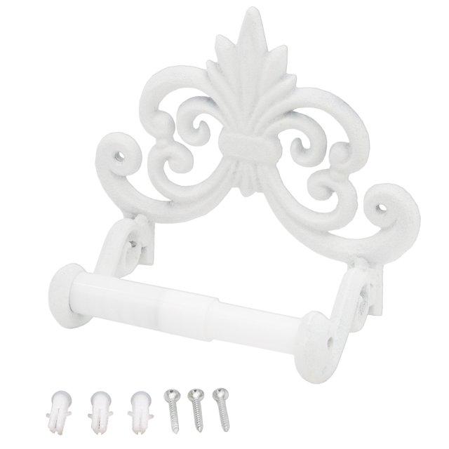 AuldHome Design White Farmhouse Cast Iron Toilet Paper Holder; Wall Mount Vintage Decor Fleur de Lis TP Hanger