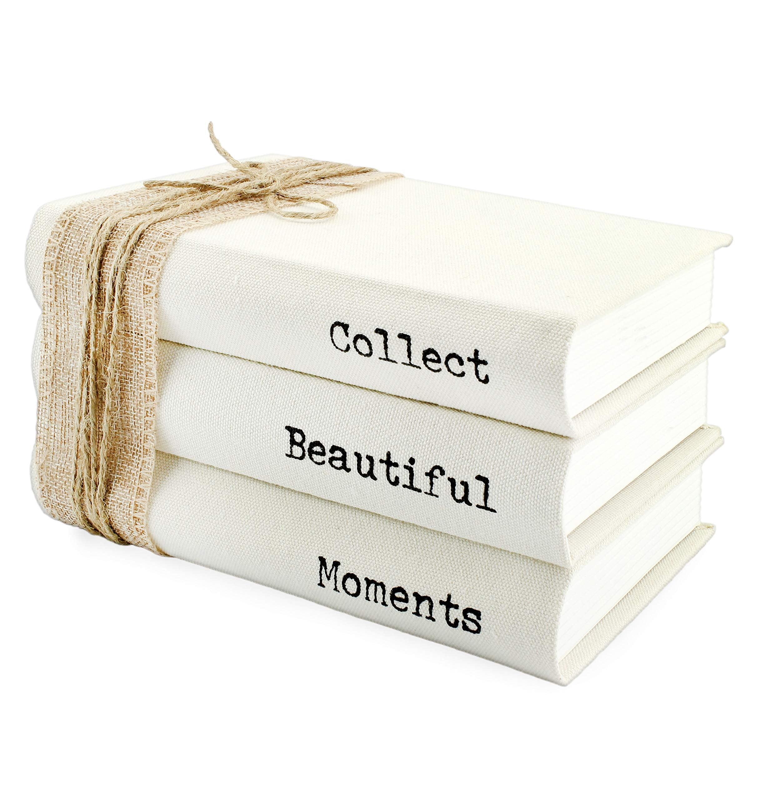 AuldHome Design Faux Book Stack: Collect Beautiful Moments Decorative Hidden Box Set w/ Burlap Ribbon Wrap