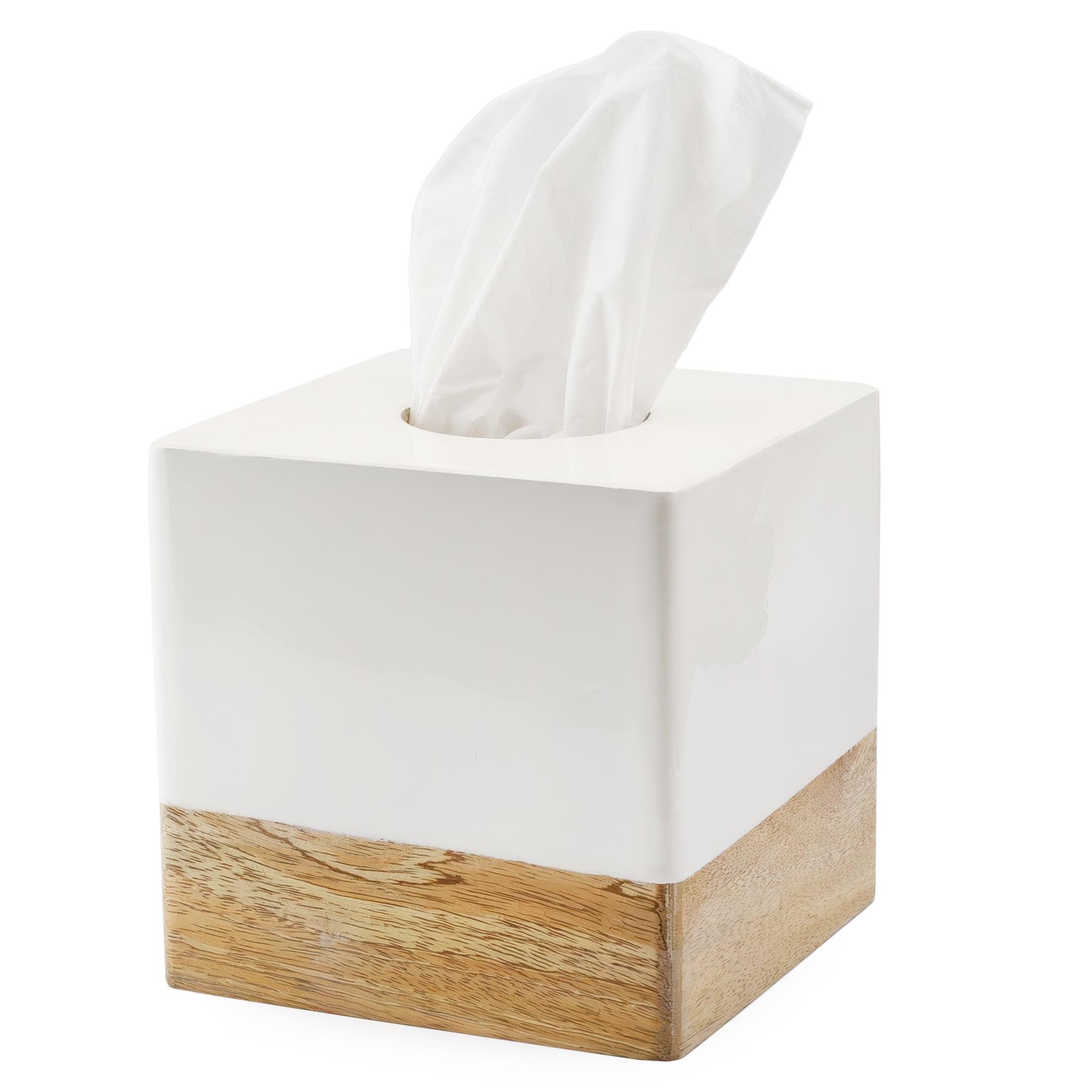 AuldHome Design Square Tissue Box Cover (Enamel/Mango Wood); Minimalist Scandinavian Decor White Cube Tissue Holder