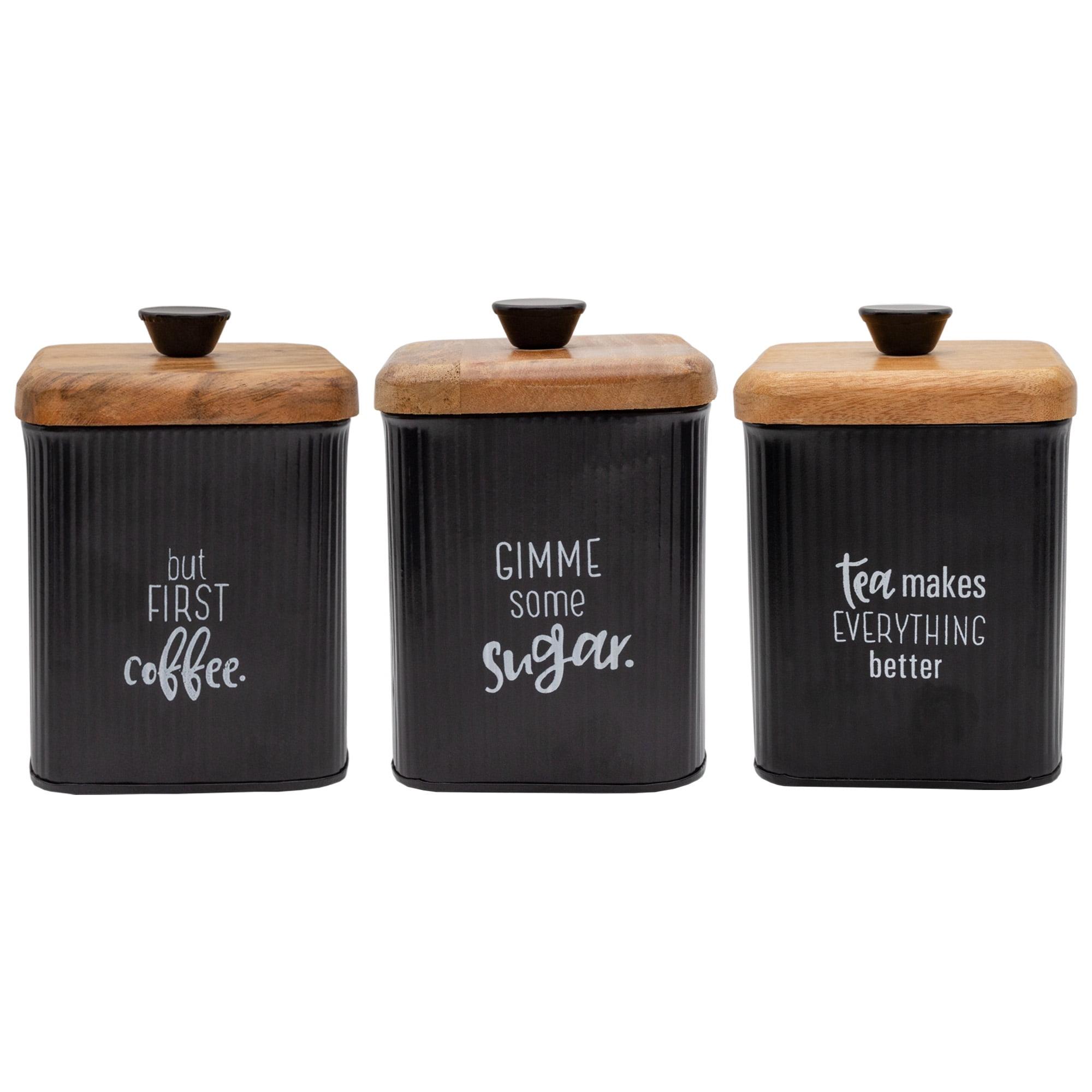 Black Enamel and Wood Retro Canister Set, 3-Piece