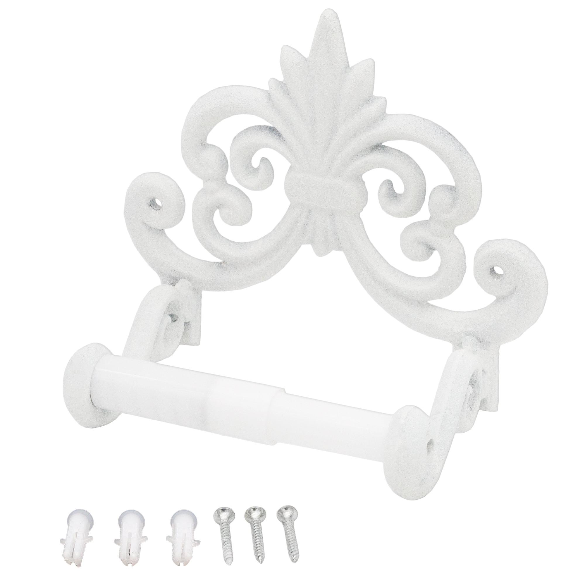 AuldHome Design White Farmhouse Cast Iron Toilet Paper Holder; Wall Mount Vintage Decor Fleur de Lis TP Hanger