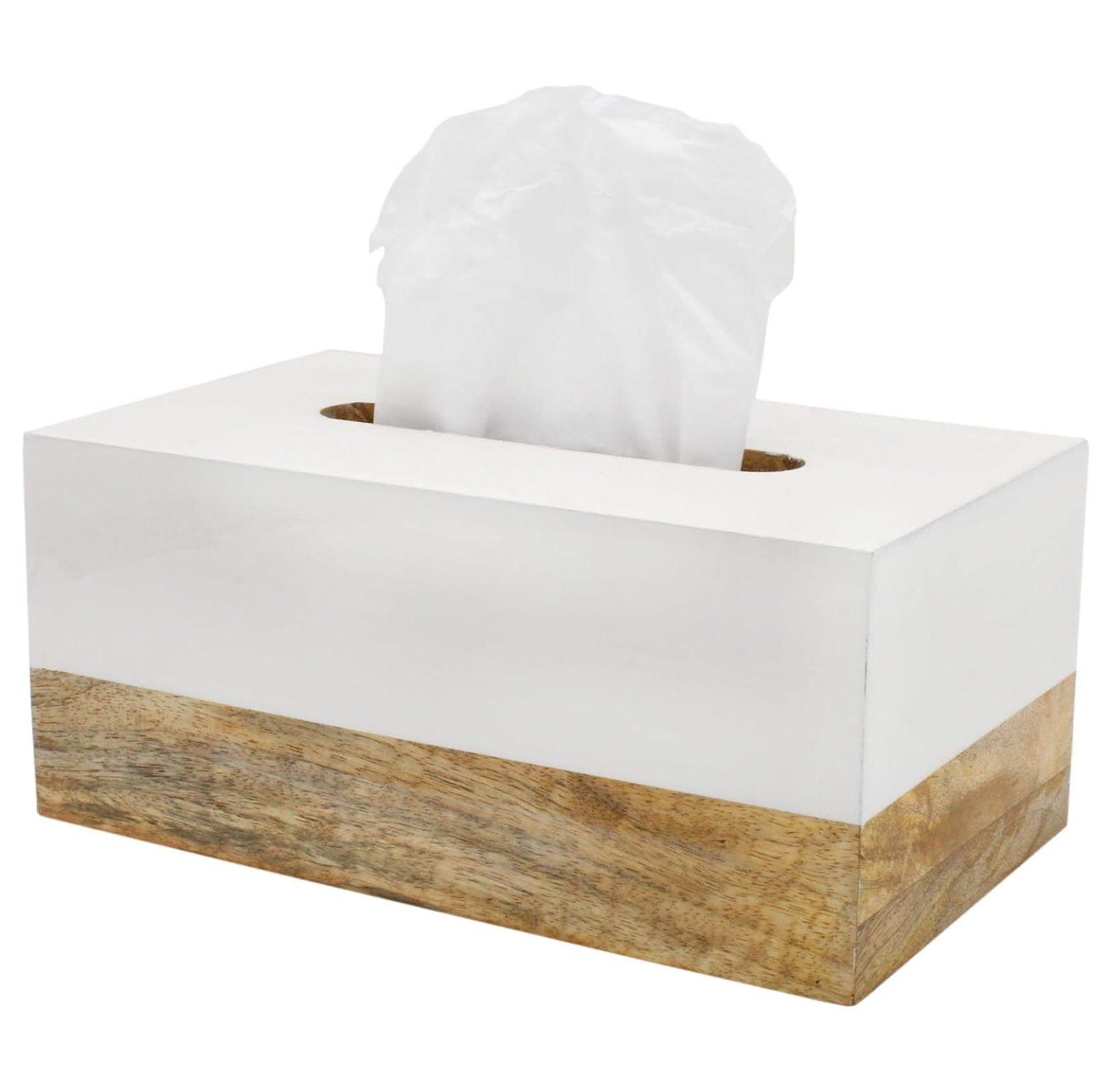 AuldHome Design Rectangular Tissue Box Cover (Enamel/Mango Wood); Minimalist Scandinavian Decor White Oblong Tissue Holder