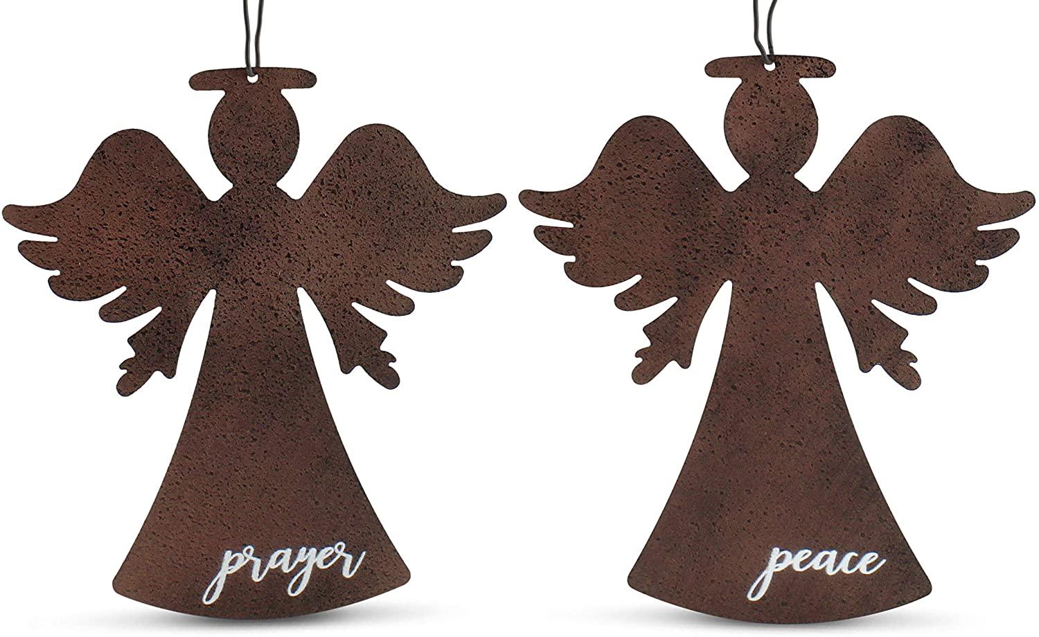 AuldHome Design Rustic Angel Christmas Ornaments (Set of 2, Rust Color); Metal Farmhouse Christmas Decorations