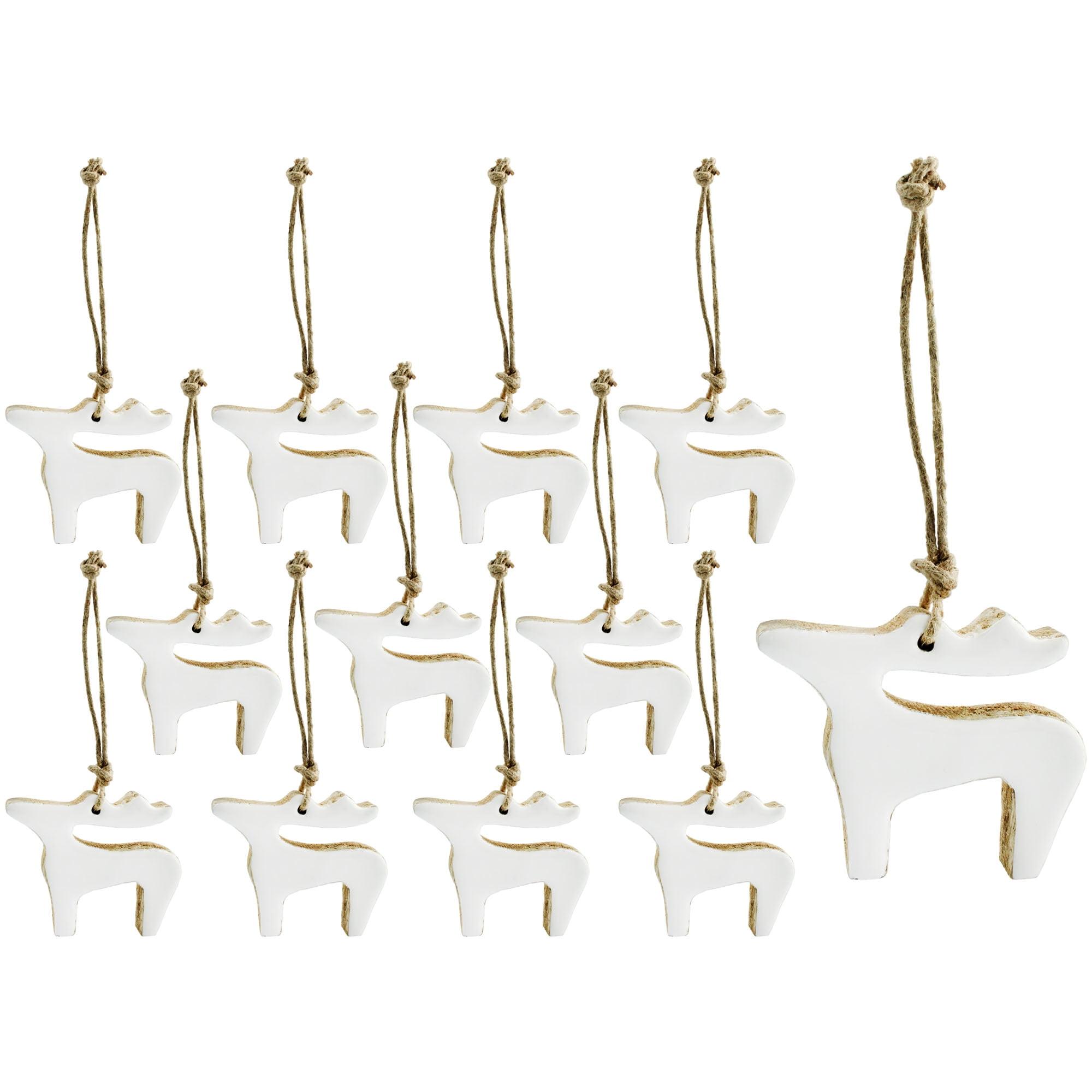 AuldHome Design White Reindeer Christmas Ornaments 12pk; Rustic Farmhouse Wood w/ Enamel Tree Decorations, Retro Vintage Enamelware Style
