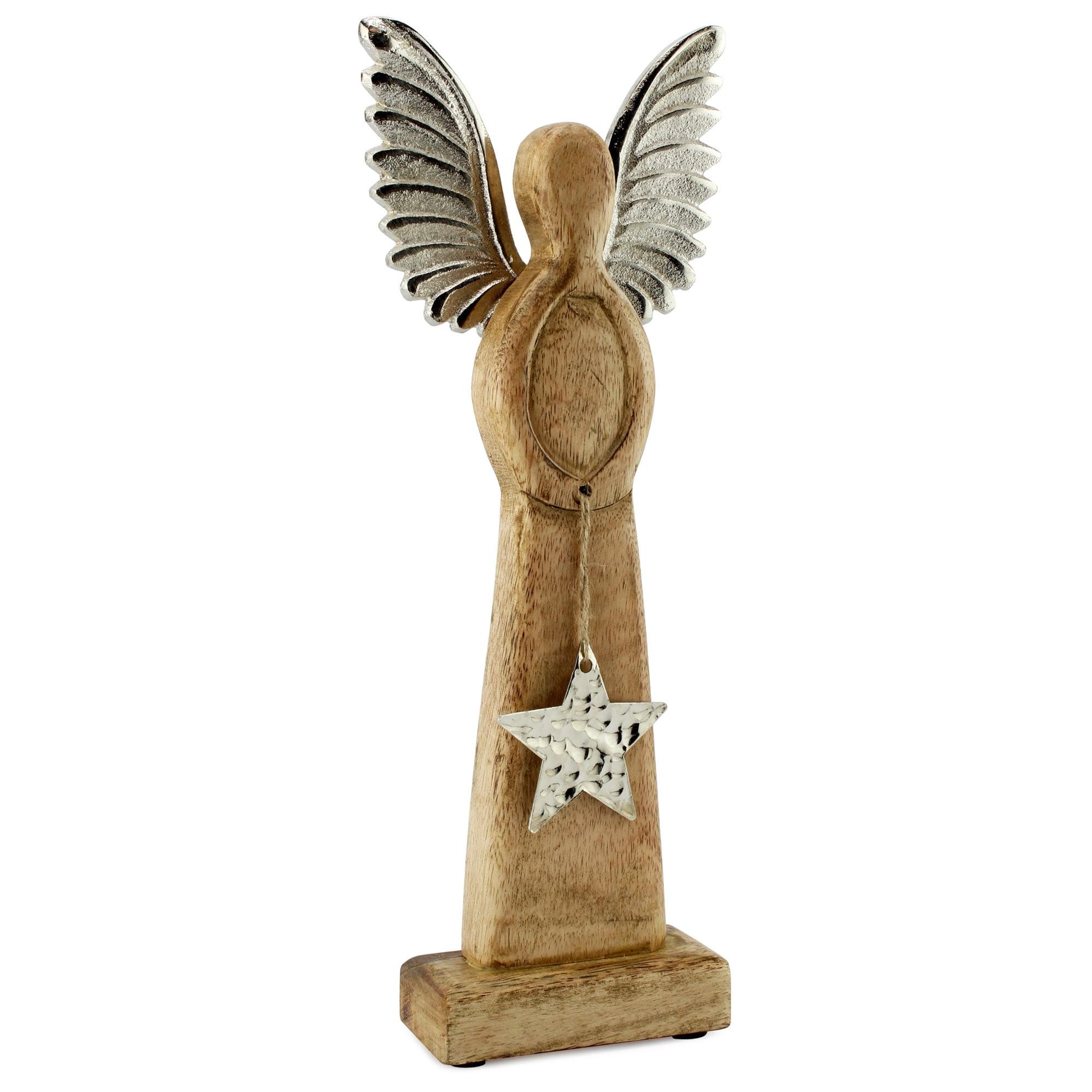 AuldHome Design Wooden Angel Christmas Statue; Farmhouse Holiday Decor Handmade Wood and Metal Figurine