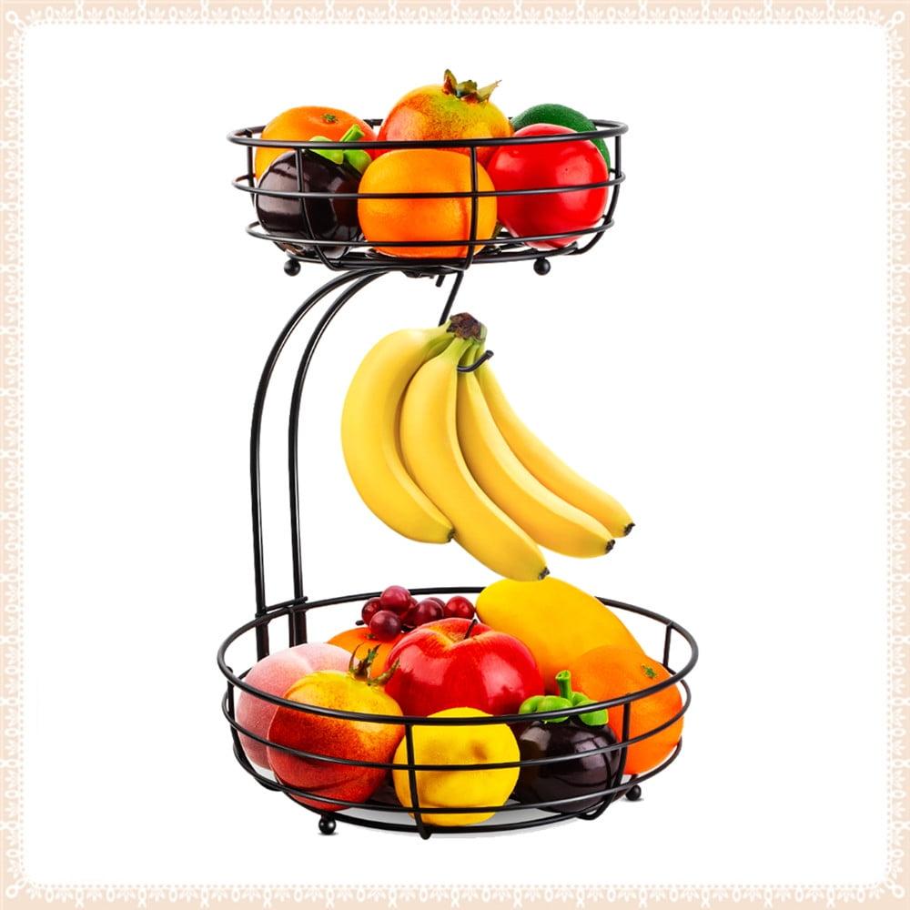 Auledio 2 Tier Metal Fruit Basket with Banana Hanger Detachable Organization and Storage for Kitchen (Black)