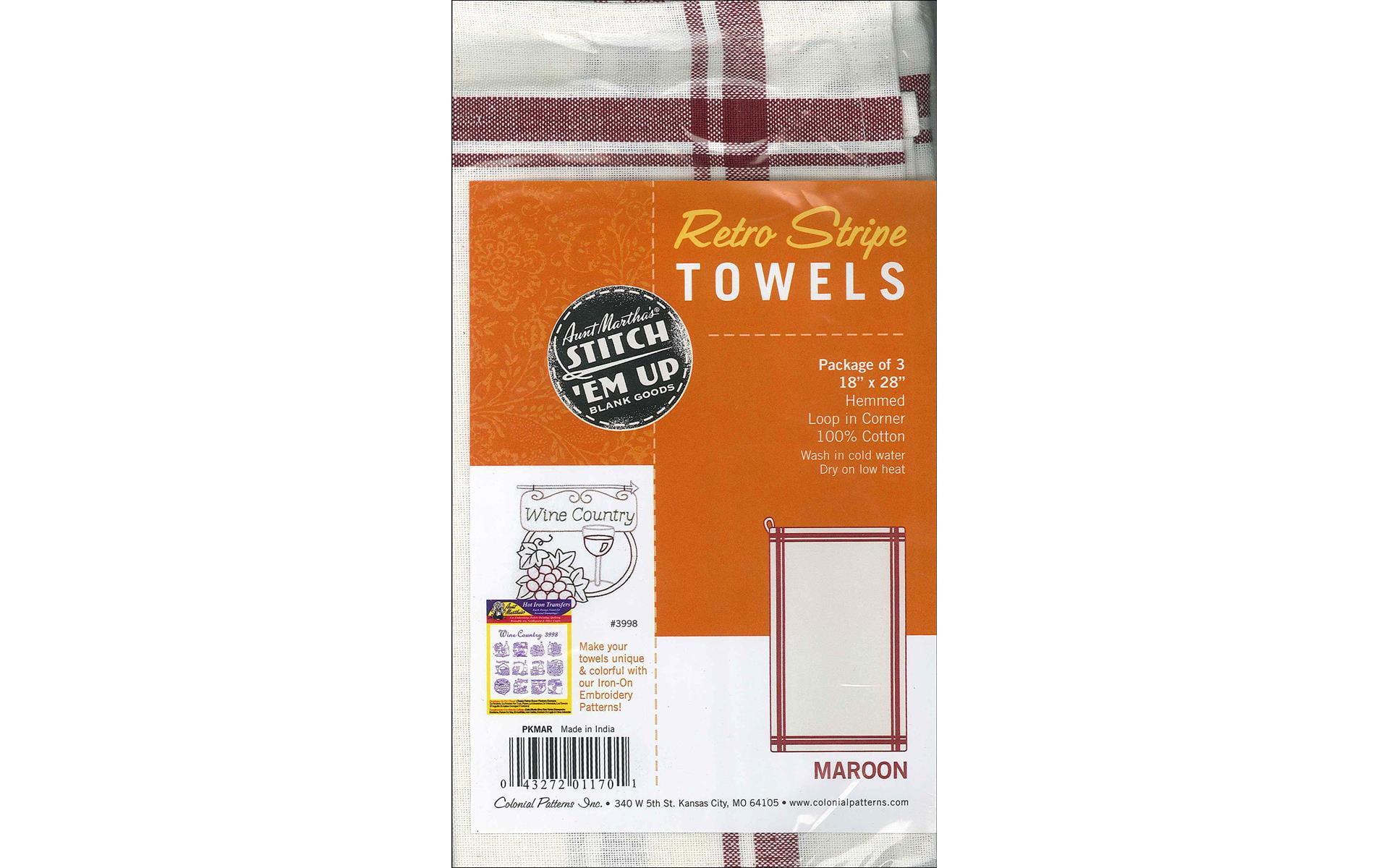 Retro Maroon Striped Cotton Kitchen Towels Set of 3