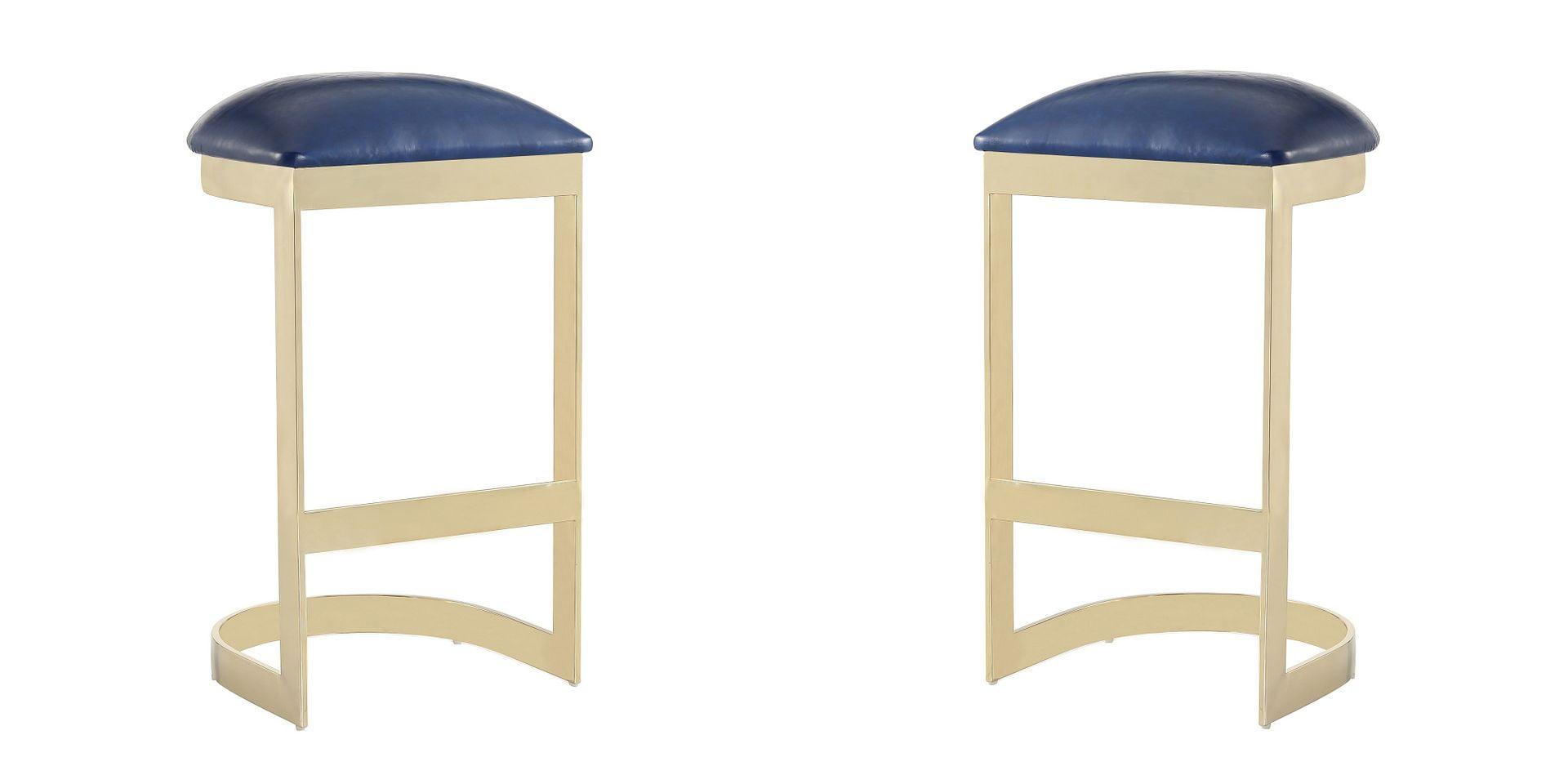 Set of 2 Aura Upholstered Stainless Steel Barstools Blue - Manhattan Comfort: Faux Leather, 28.54" Height, Footrest