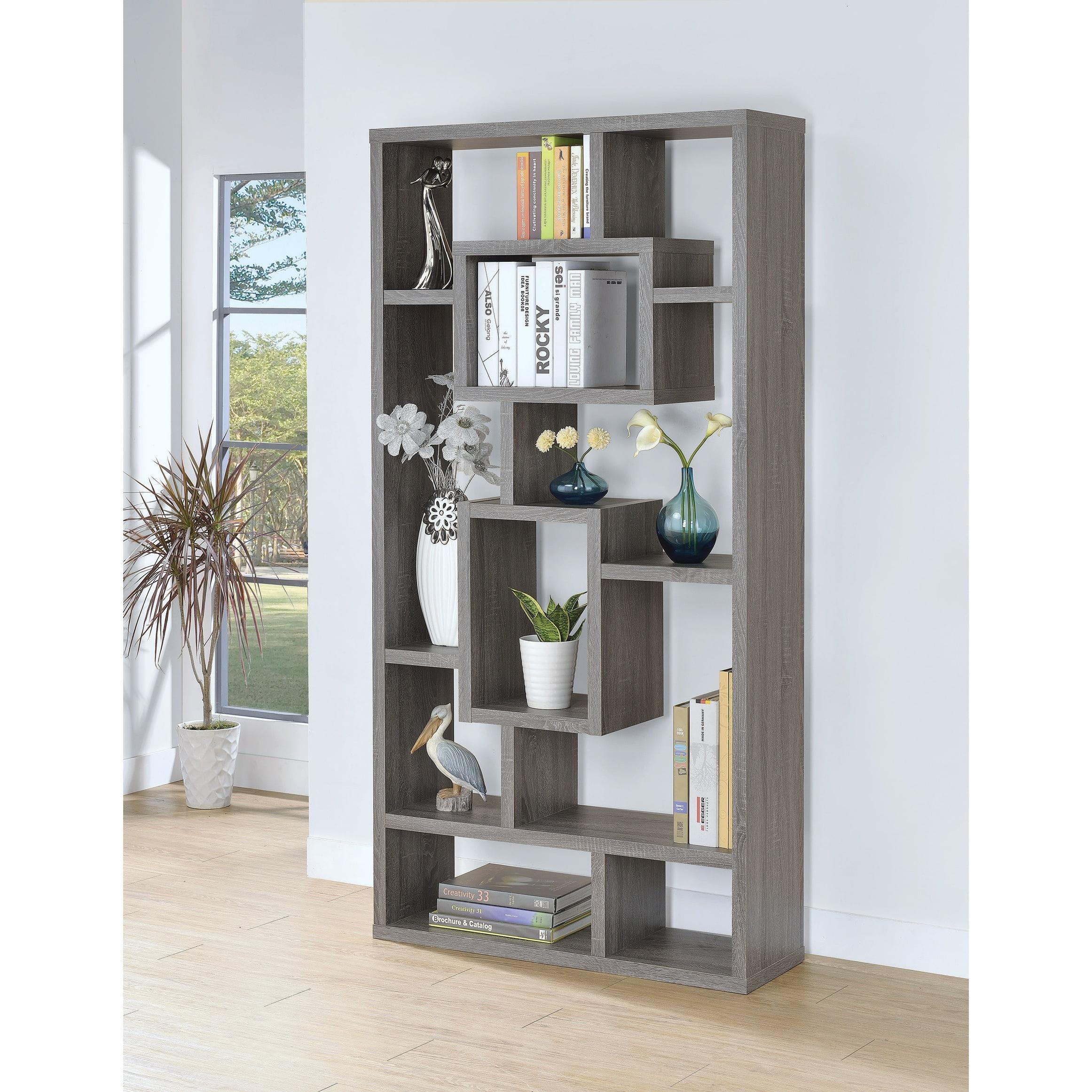 Weathered Grey 10-Shelf Geometric Cube Bookcase