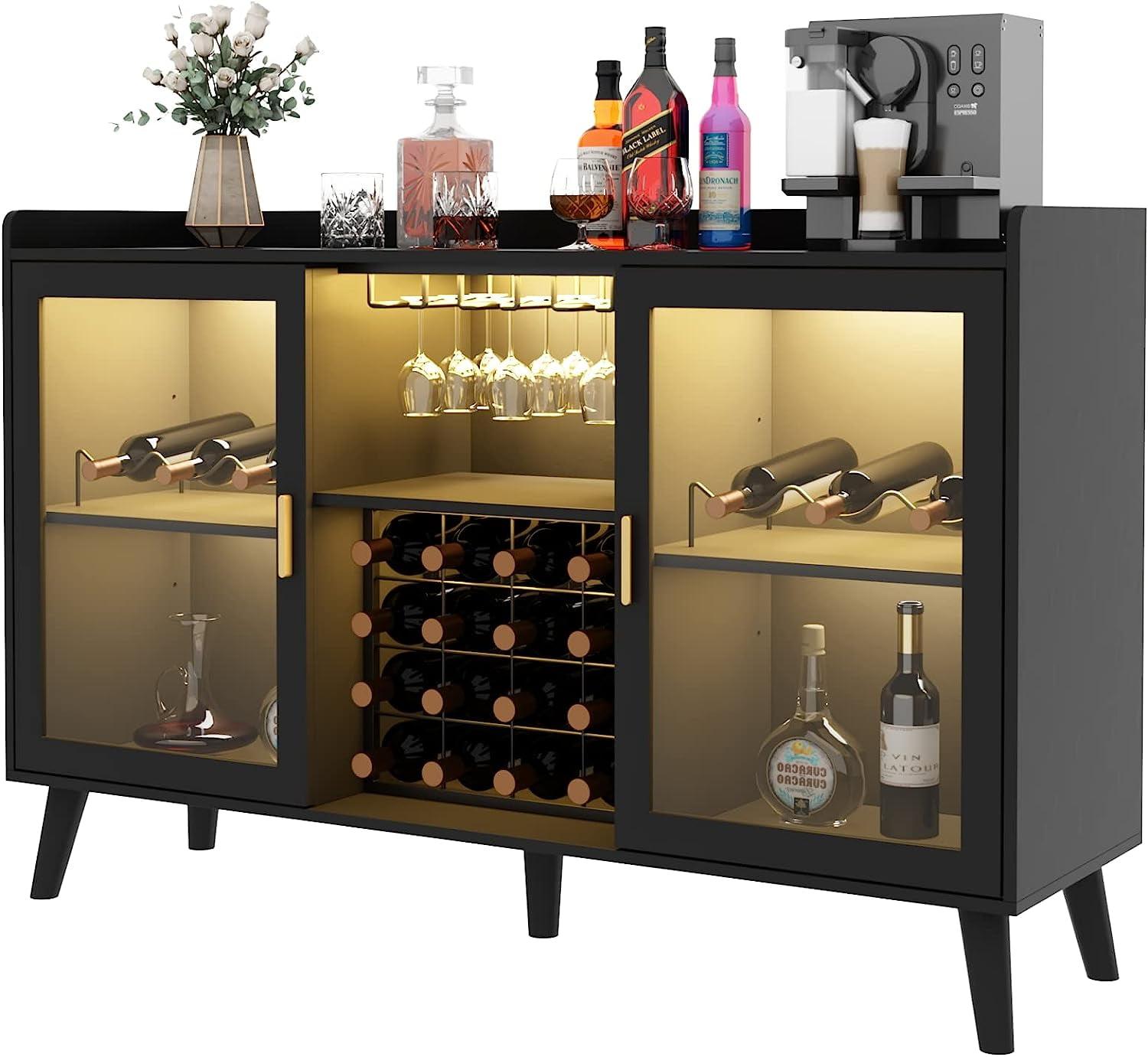 Black LED Wine Bar Cabinet with Glass Holders and Storage Shelves