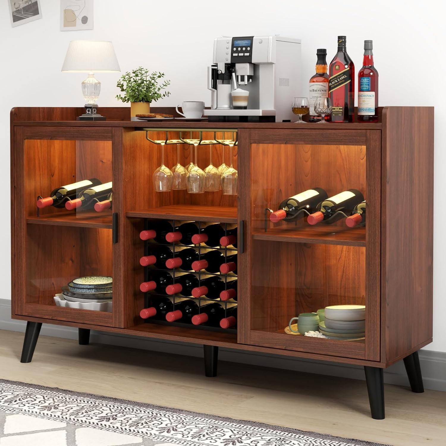 Brown Wood Wine Bar Cabinet with LED Light and Storage