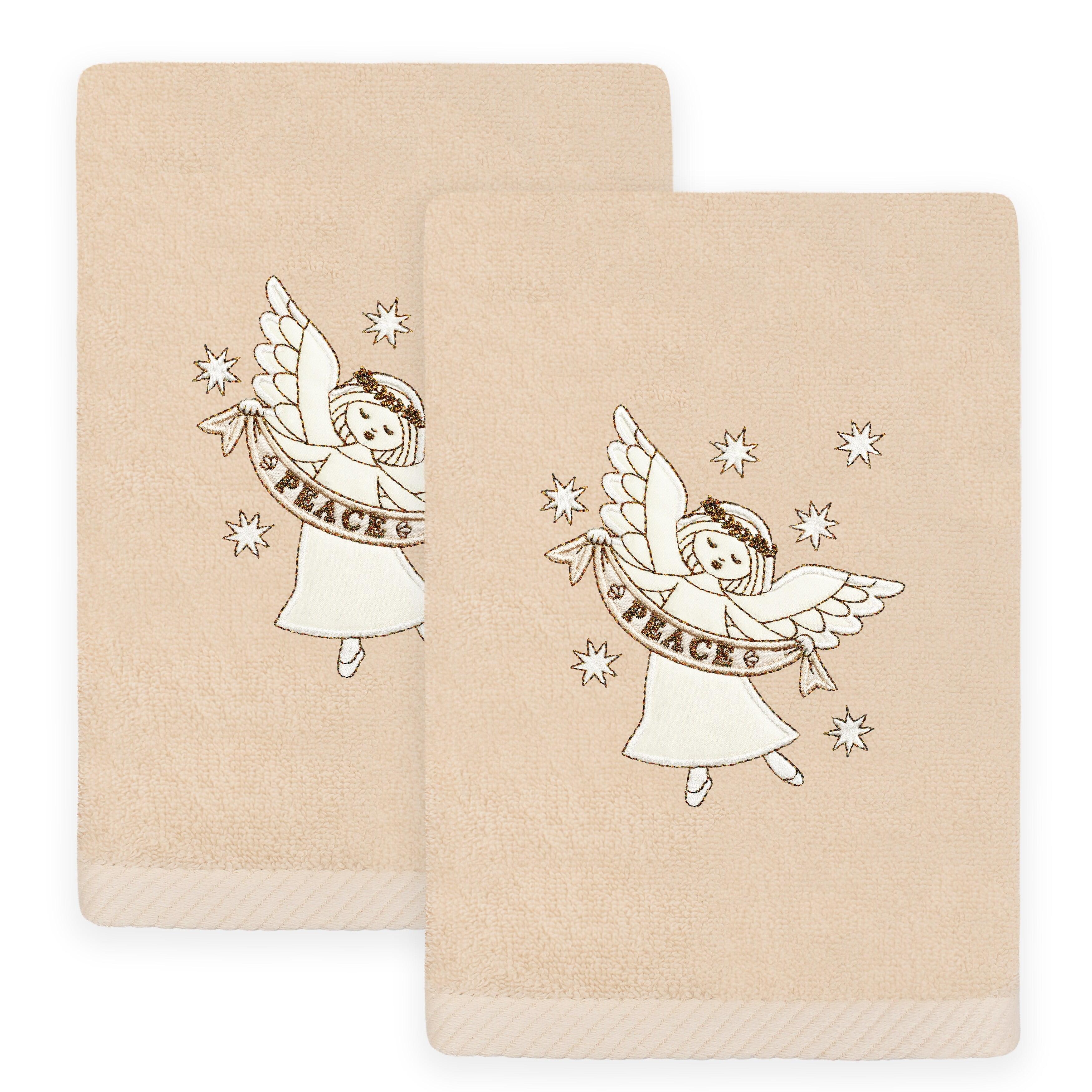 Christmas Angel Embroidered Blush Turkish Cotton Hand Towels, Set of 2