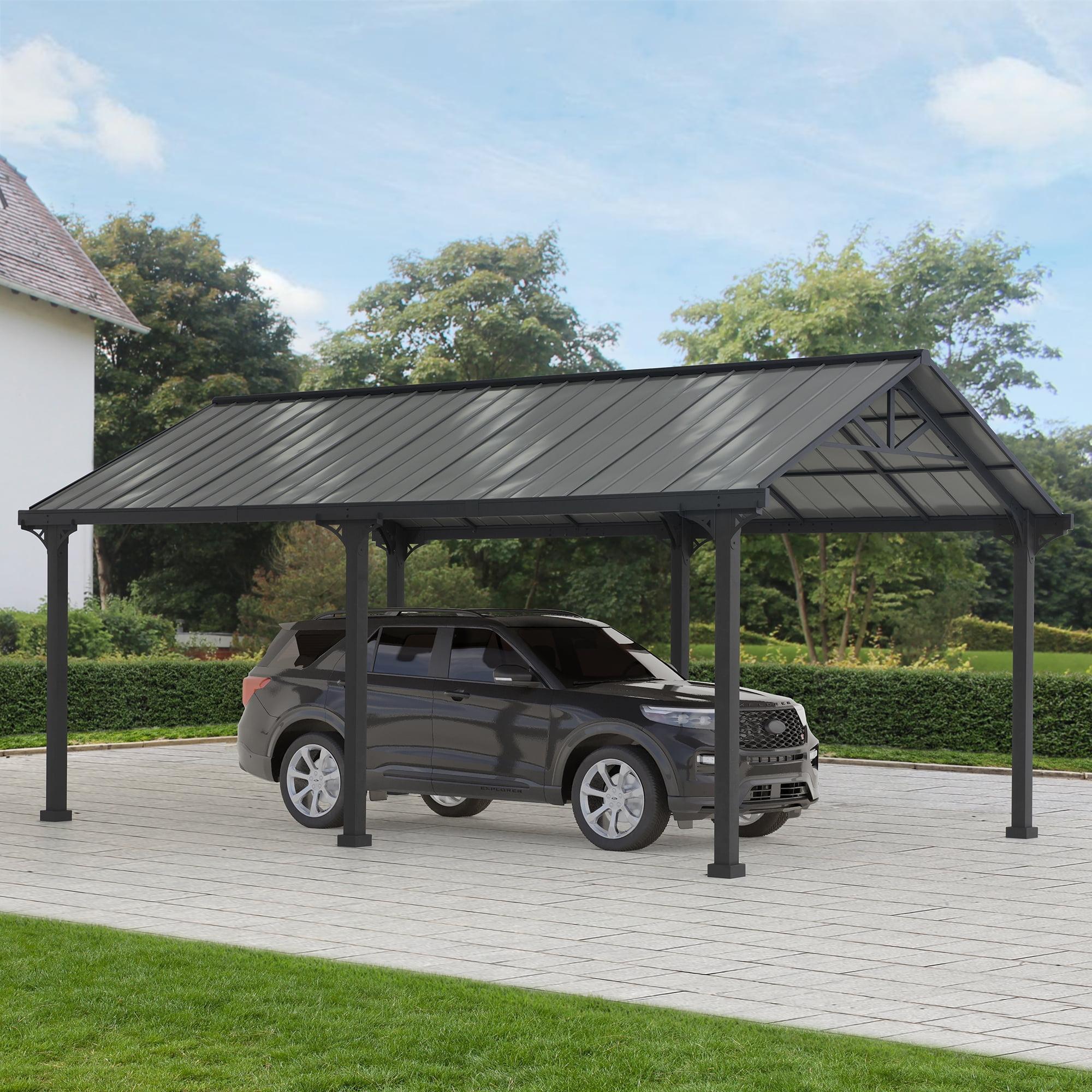 AutoCove 12x20 Metal Carport, Gray Steel Frame Gable Roof Gazebo, Outdoor Living Pavilion with 2 Ceiling Hooks