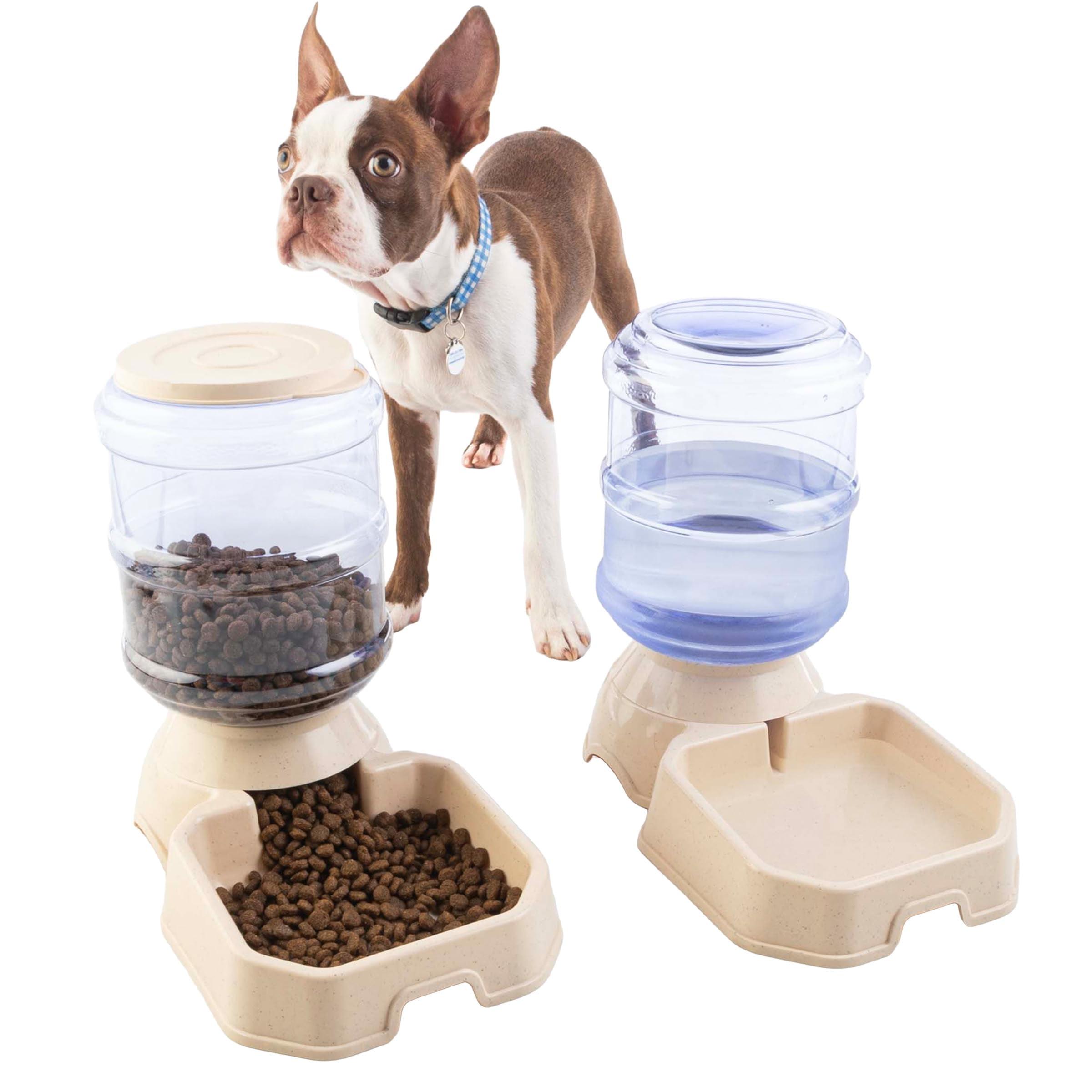 Beige and Clear Automatic Pet Feeder and Water Dispenser Set