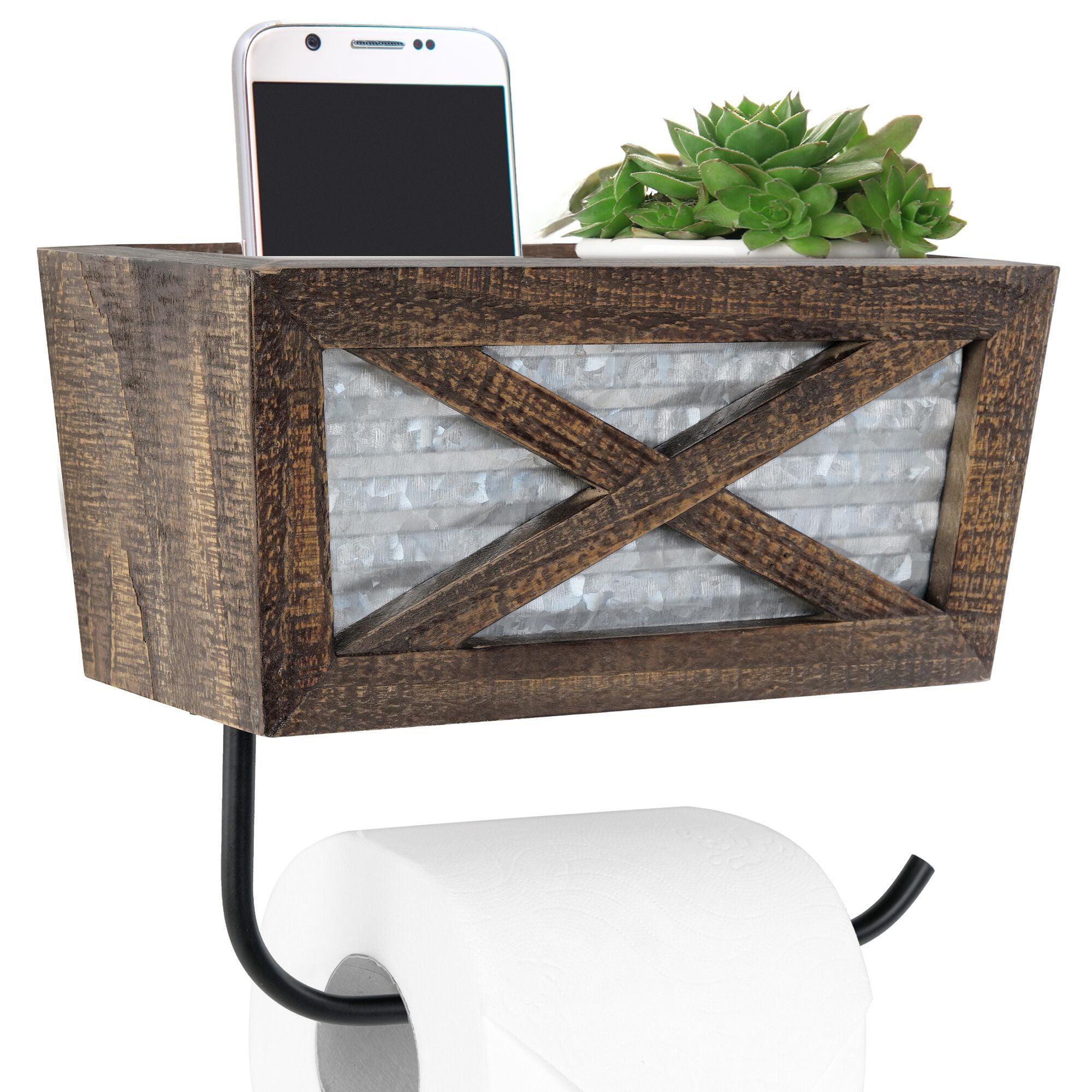 Farmhouse Wall Mount Rustic Toilet Paper Holder with Basket for Cell Phone