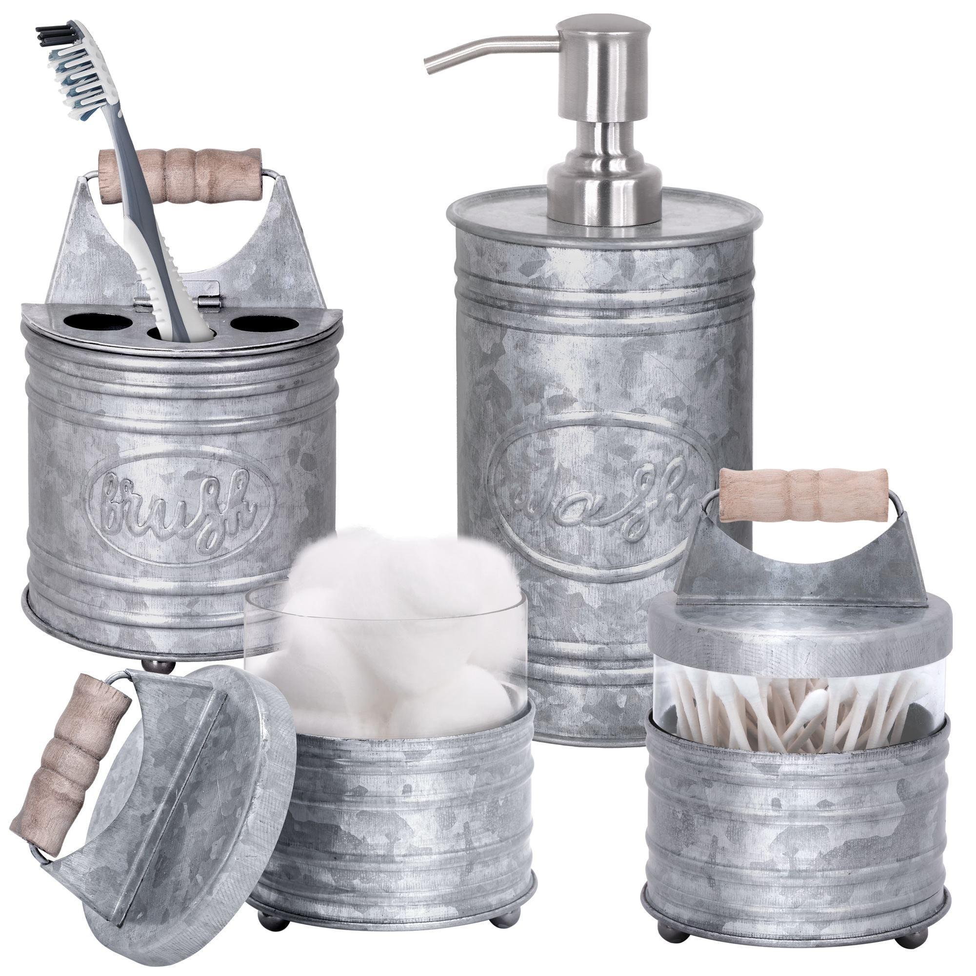 THE GLAMOUR BOUTIQUES Rustic Bathroom Accessories Set 4 - Galvanized Soap Dispenser, Rustic Toothbrush Holder, 2 Apothecary Jars Qtip Holder - Rustic Bathroom Decor – Farmhouse Bathroom Accessories