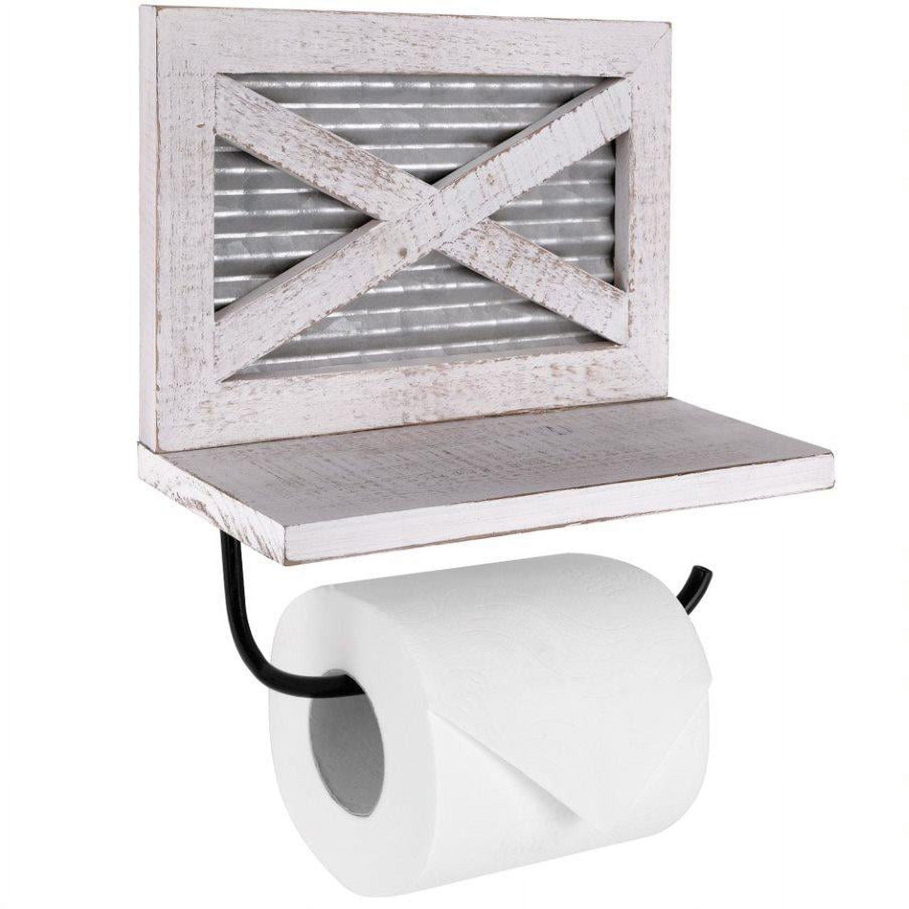 White Wood and Metal Farmhouse Toilet Paper Holder with Shelf