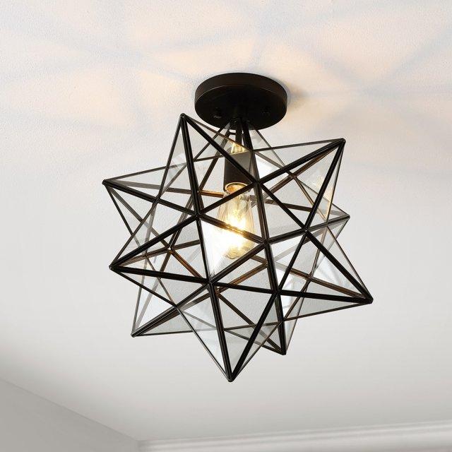 Ava 14.5" 1-Light Farmhouse Bohemian Iron/Glass LED Semi Flush Mount, Black/Clear