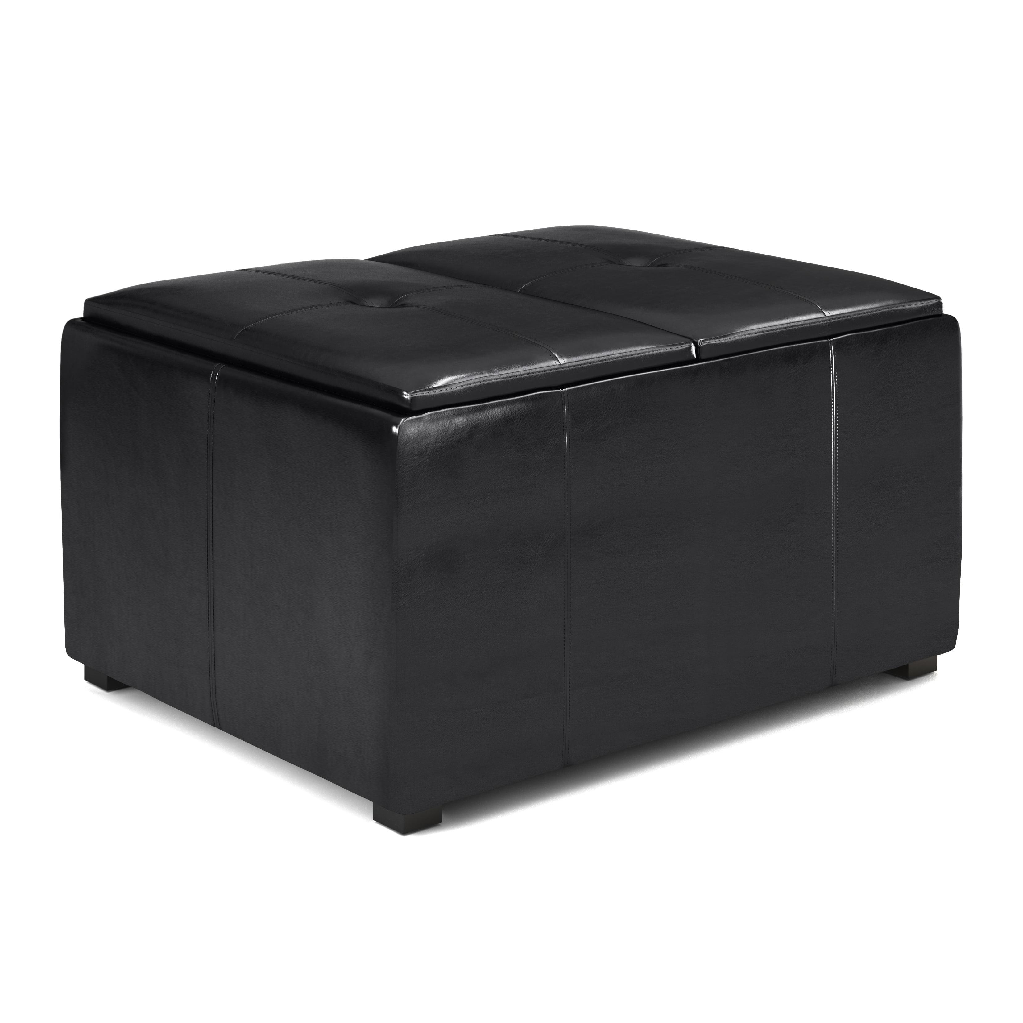 Midnight Black Tufted Faux Air Leather Cocktail Ottoman with Tray