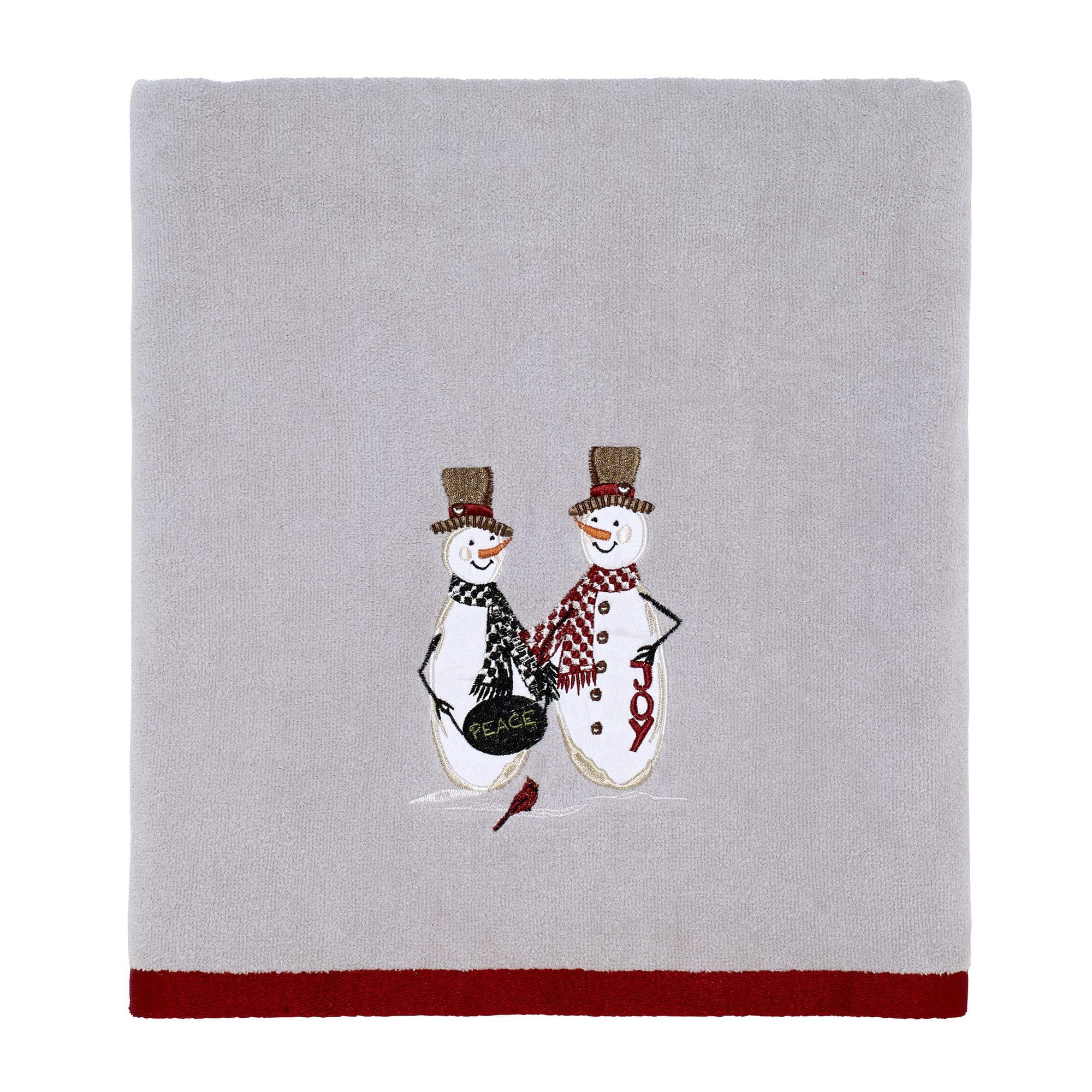 Light Grey Cotton Bath Towel with Snowman Embroidery