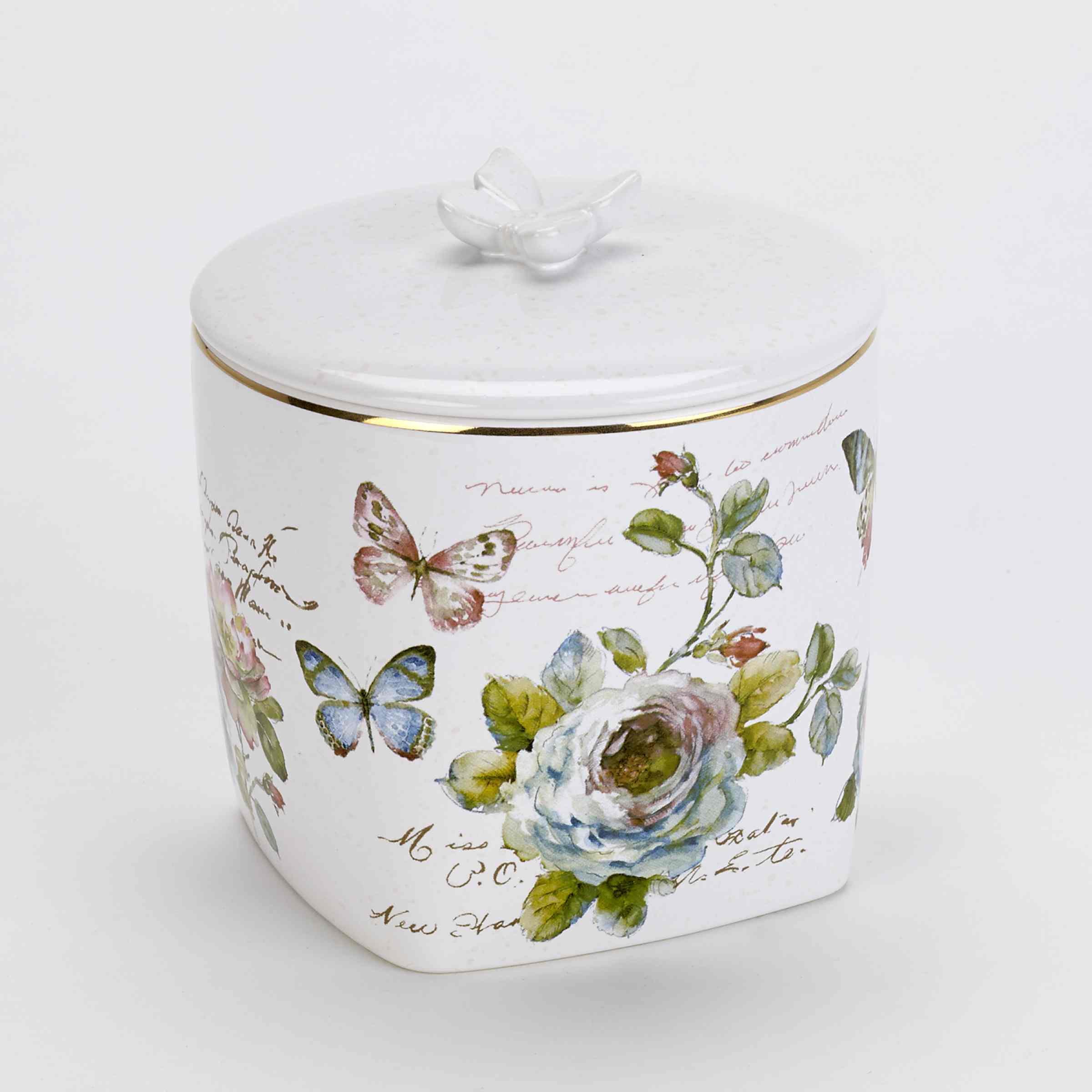 White Ceramic Butterfly Garden Covered Jar with Gold Trim