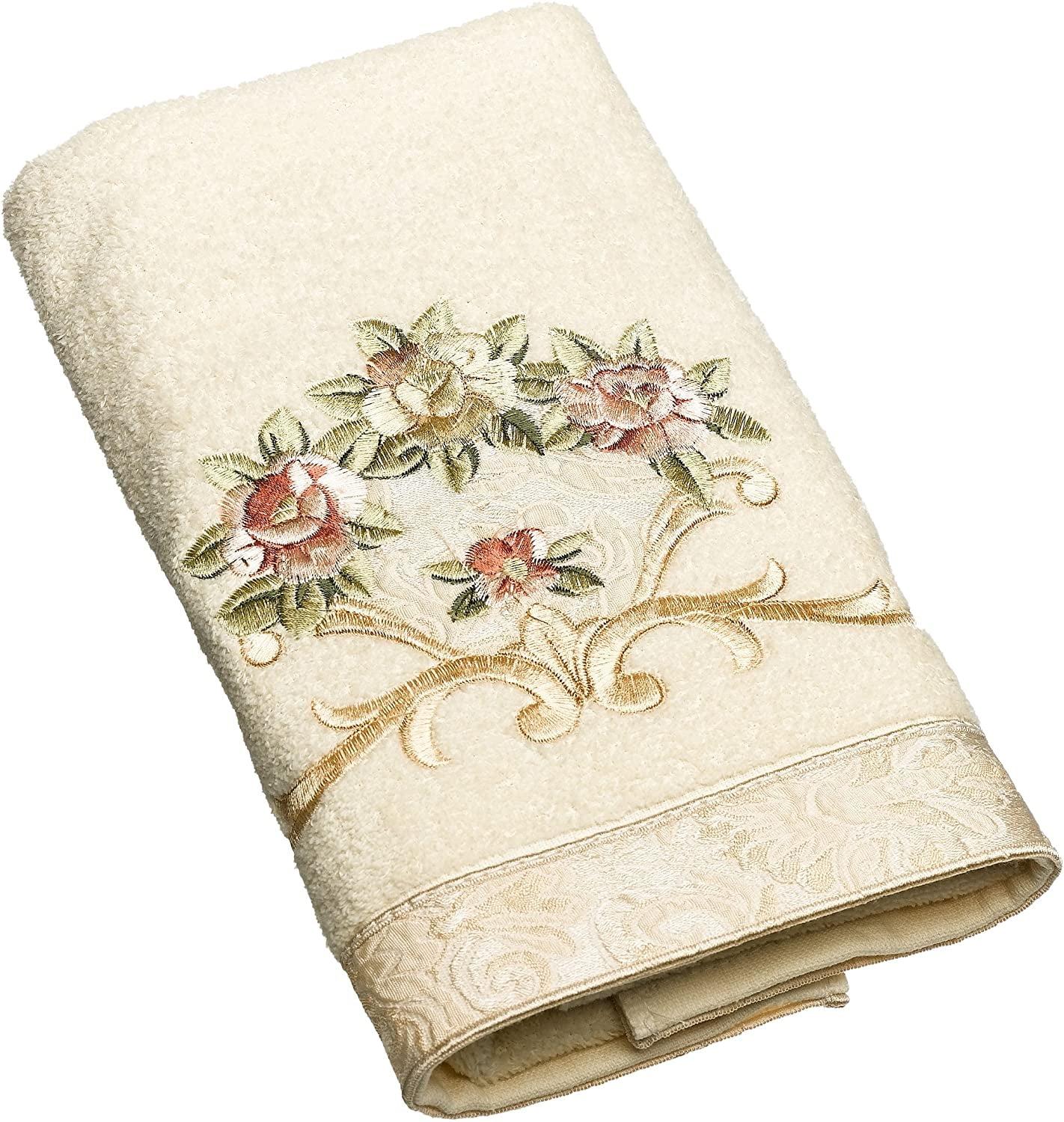 Ivory Cotton Hand Towel with Embroidered Floral Design