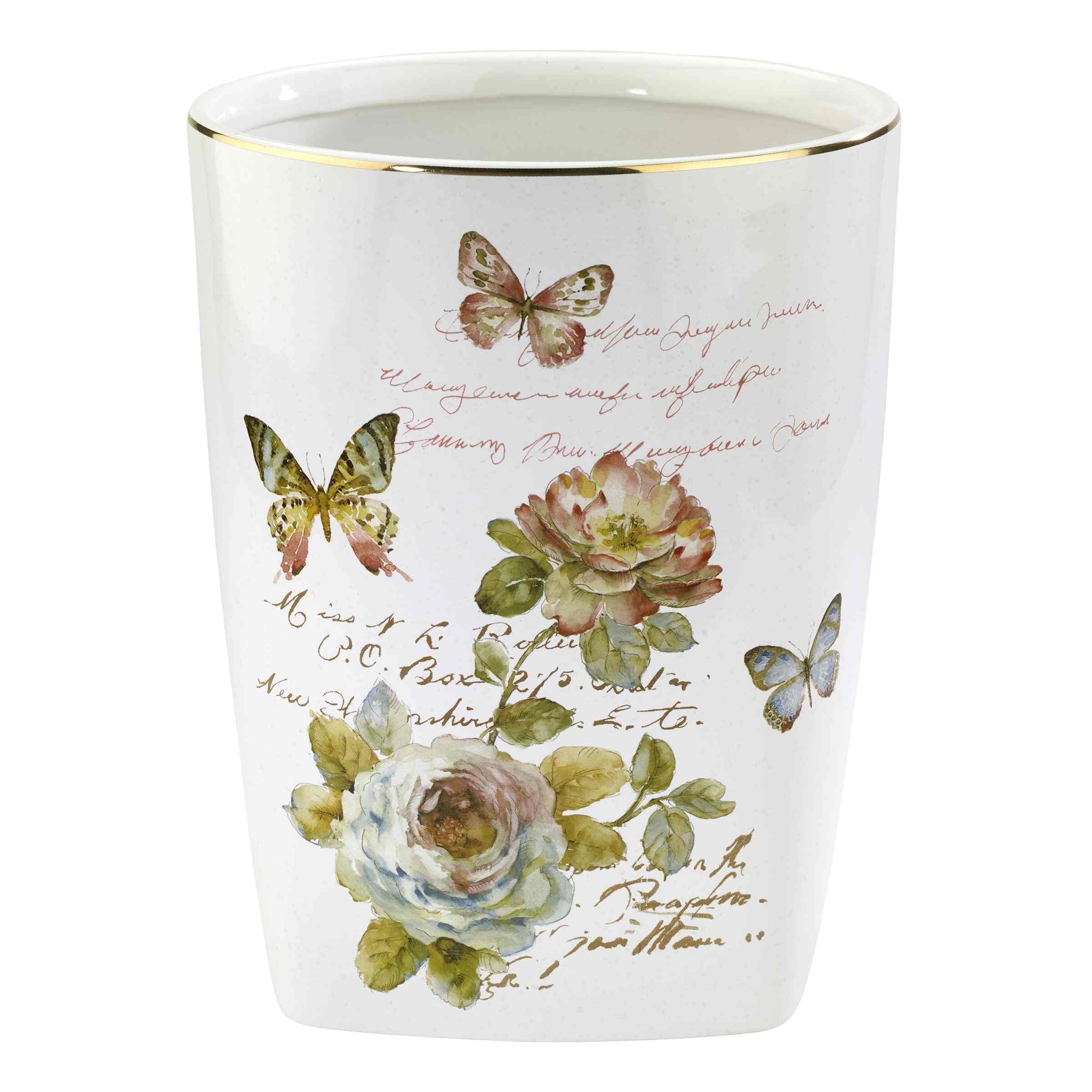 White Ceramic Butterfly and Floral Wastebasket with Gold Trim