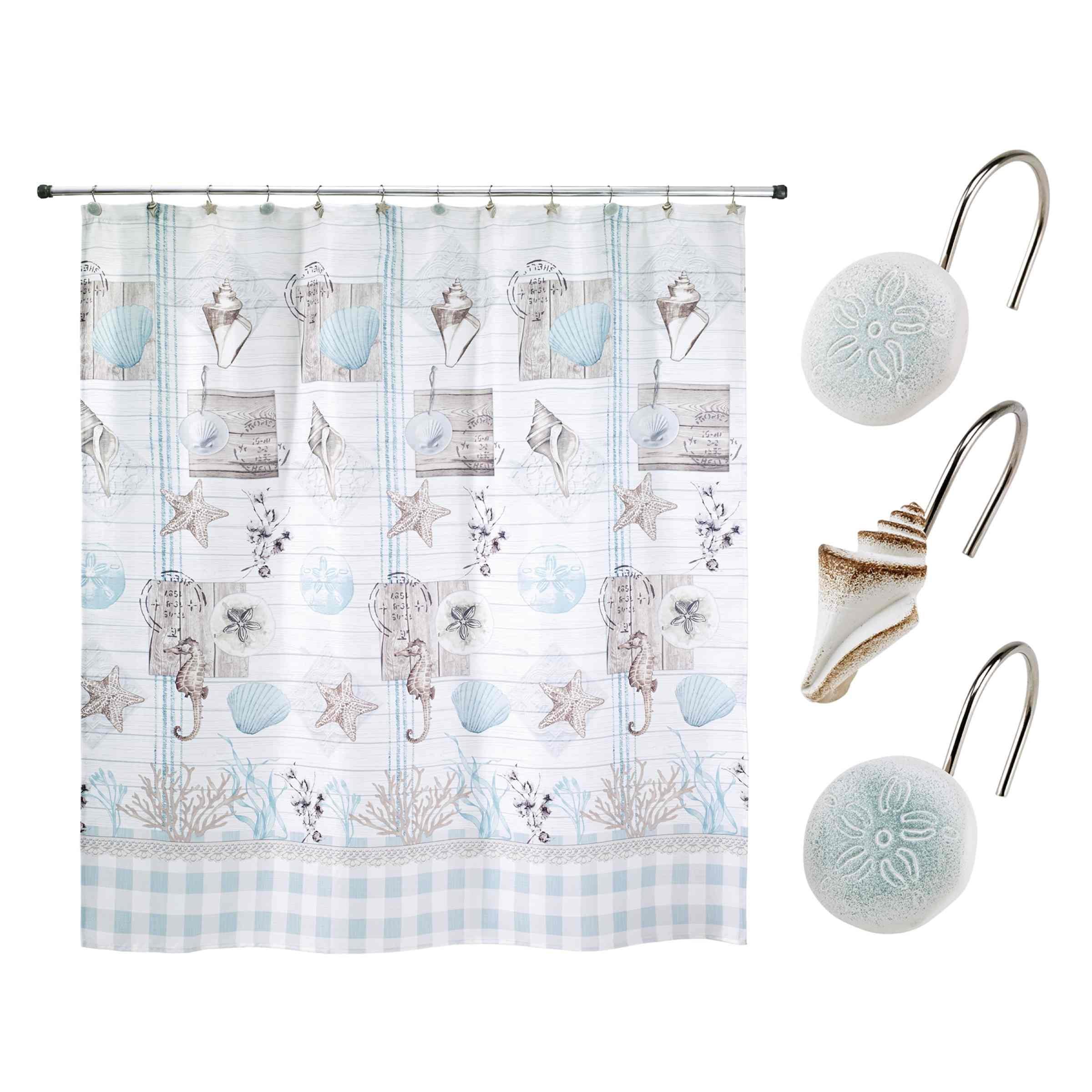 Aqua Beige Coastal Shell Polyester Shower Curtain Set