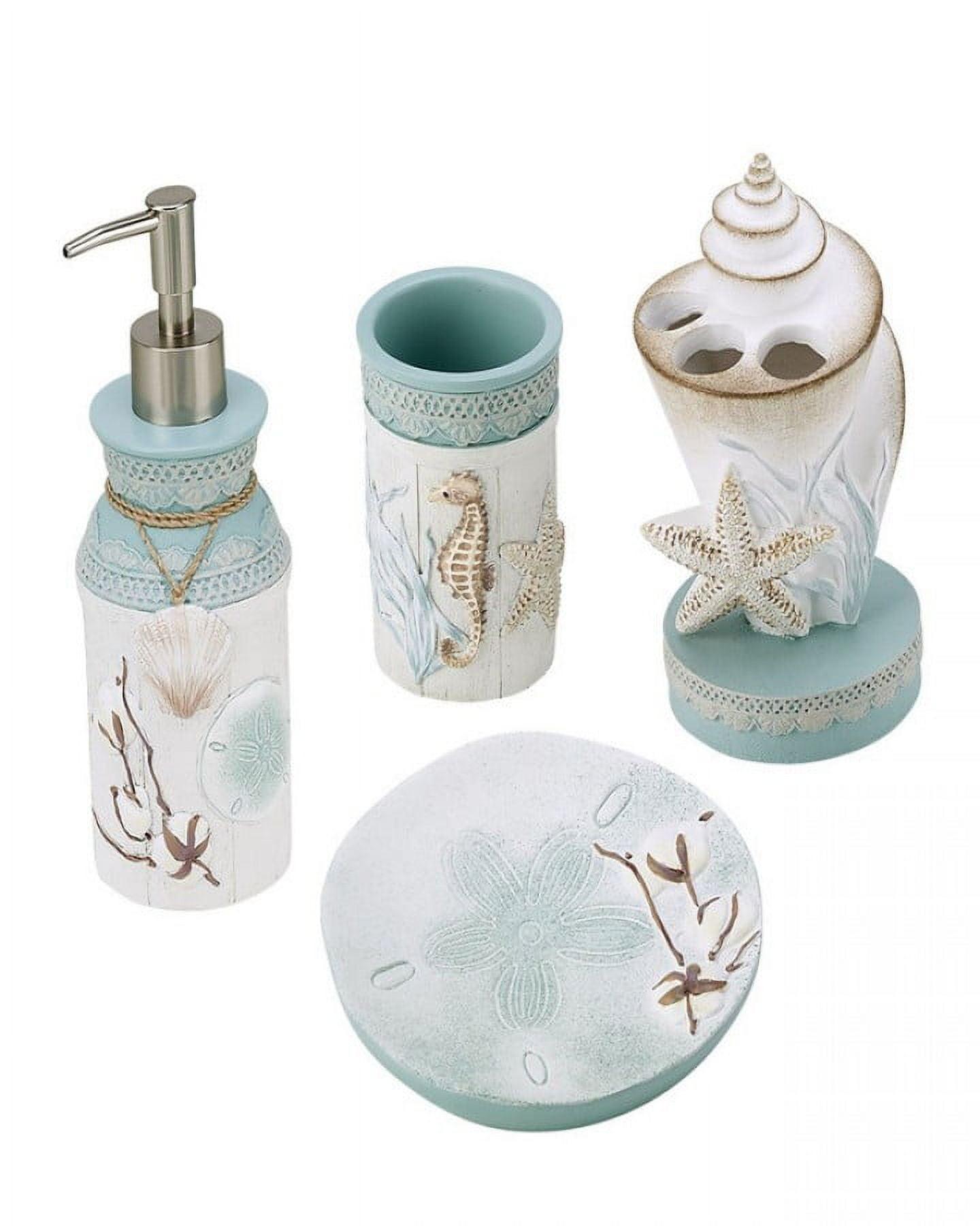 Farmhouse Shell Off-White and Aqua Resin 4-Piece Bath Accessory Set