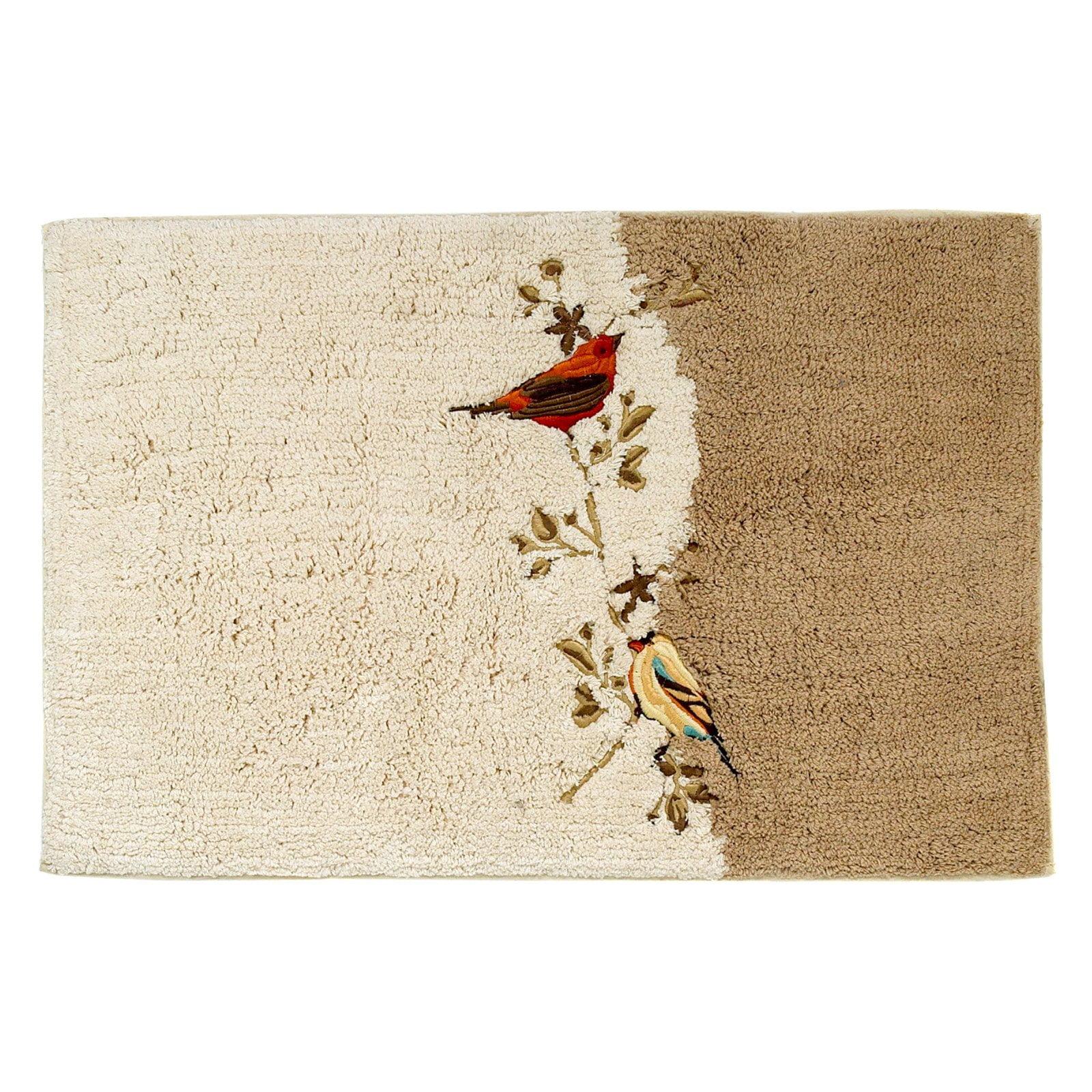 Ivory Beige Cotton Bath Rug with Embroidered Birds