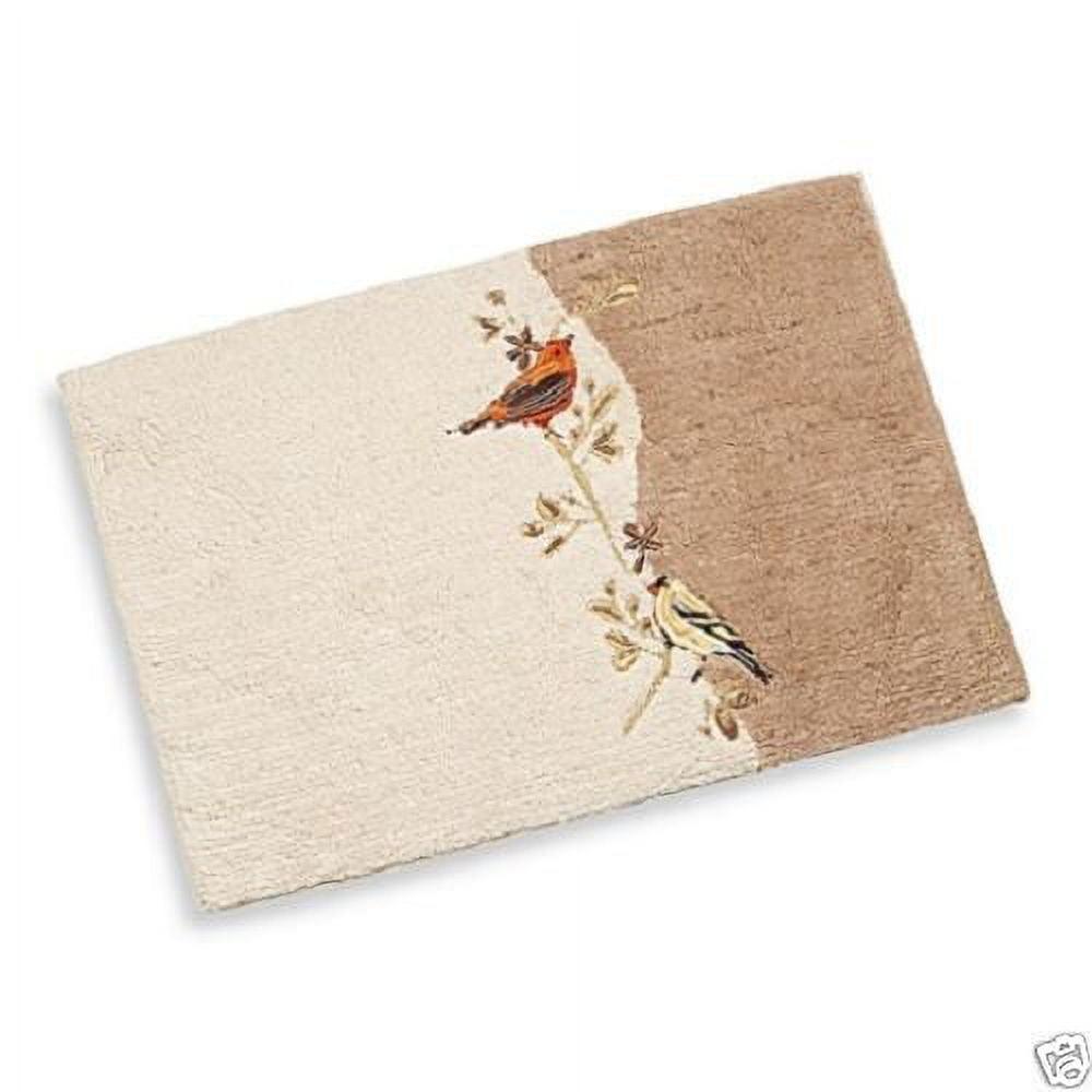 Ivory Beige Cotton Bath Rug with Embroidered Birds