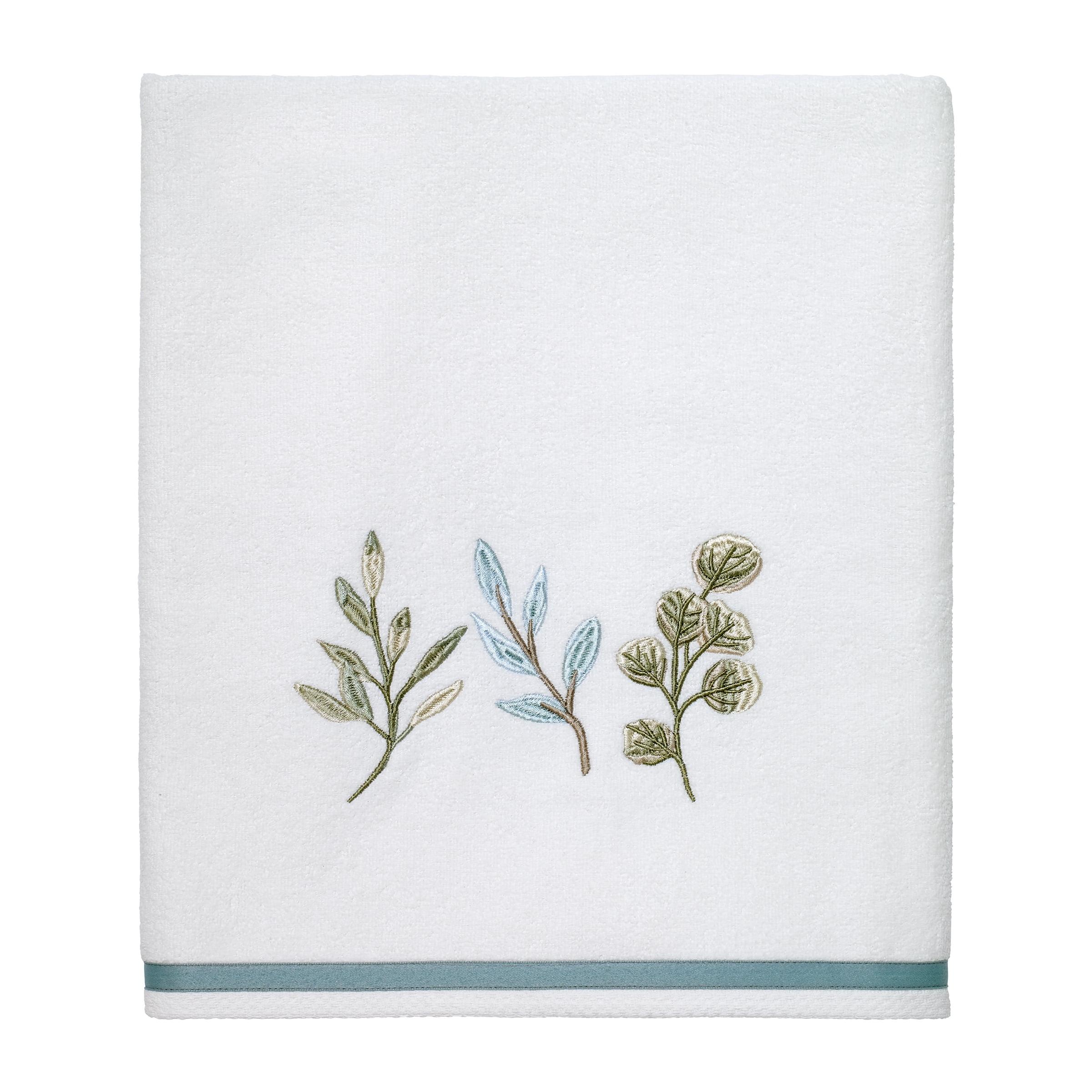 White Cotton Embroidered Bath Towel with Blue Stripe