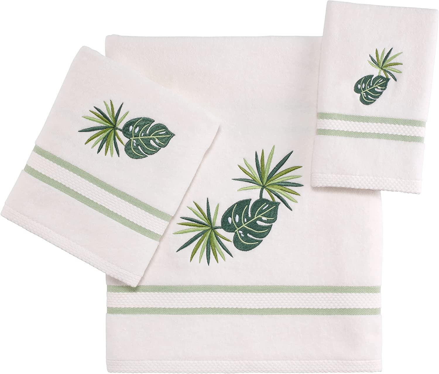 White Cotton Tropical Leaf Embroidered Towel Set