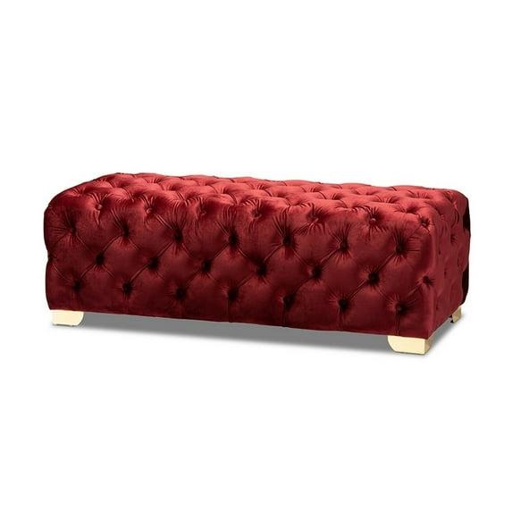 Avara Velvet Button Tufted Bench Ottoman Red - Baxton Studio: Gold Legs, Plywood Frame, Luxurious Bedroom Furniture