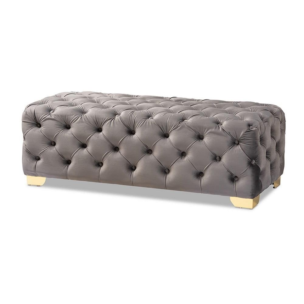 Avara Glam and Luxe Gray Velvet Fabric Upholstered Gold Finished Button Tufted Bench Ottoman