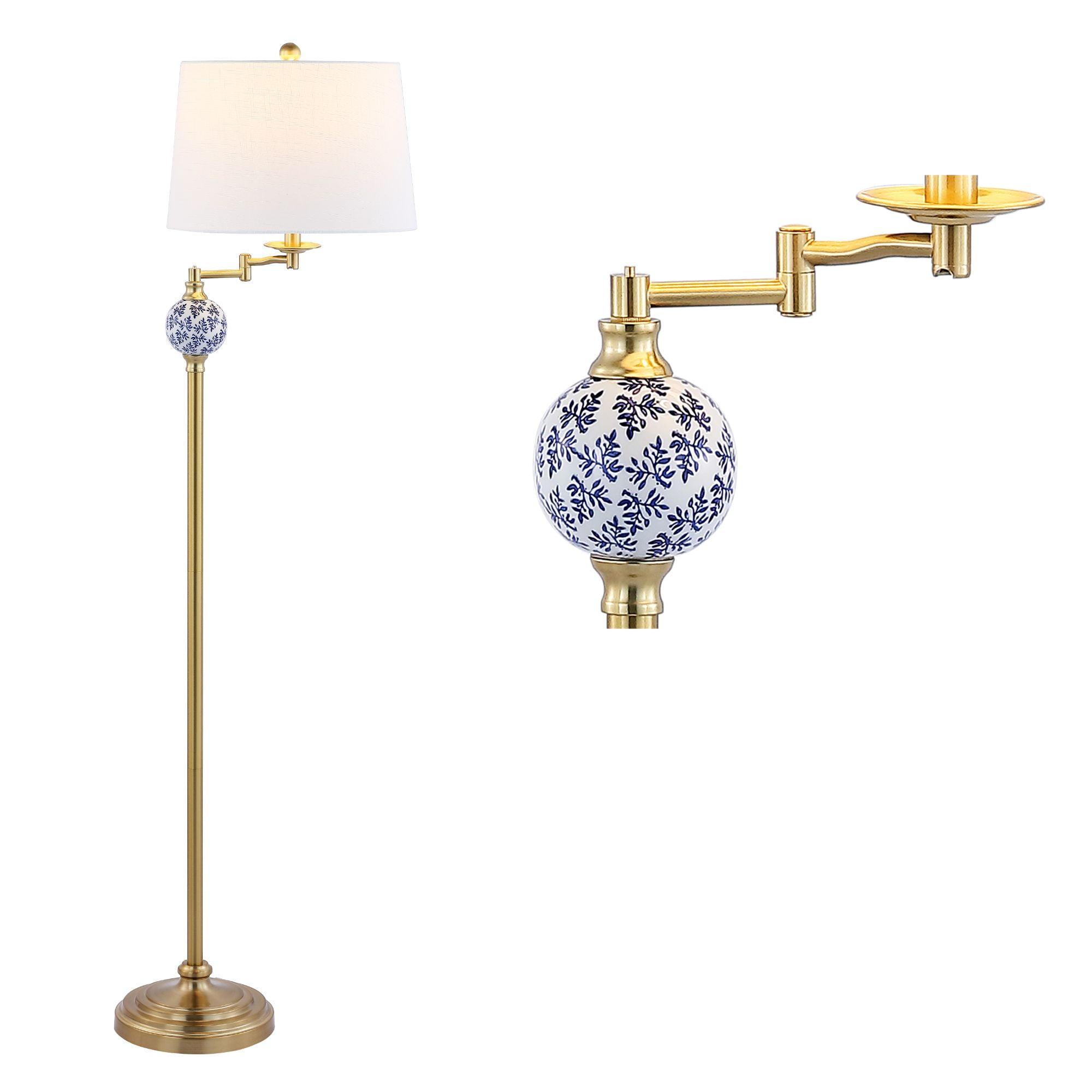 Aveiro Adjustable Arc 61.5" Gold Metal Floor Lamp with White Linen Shade