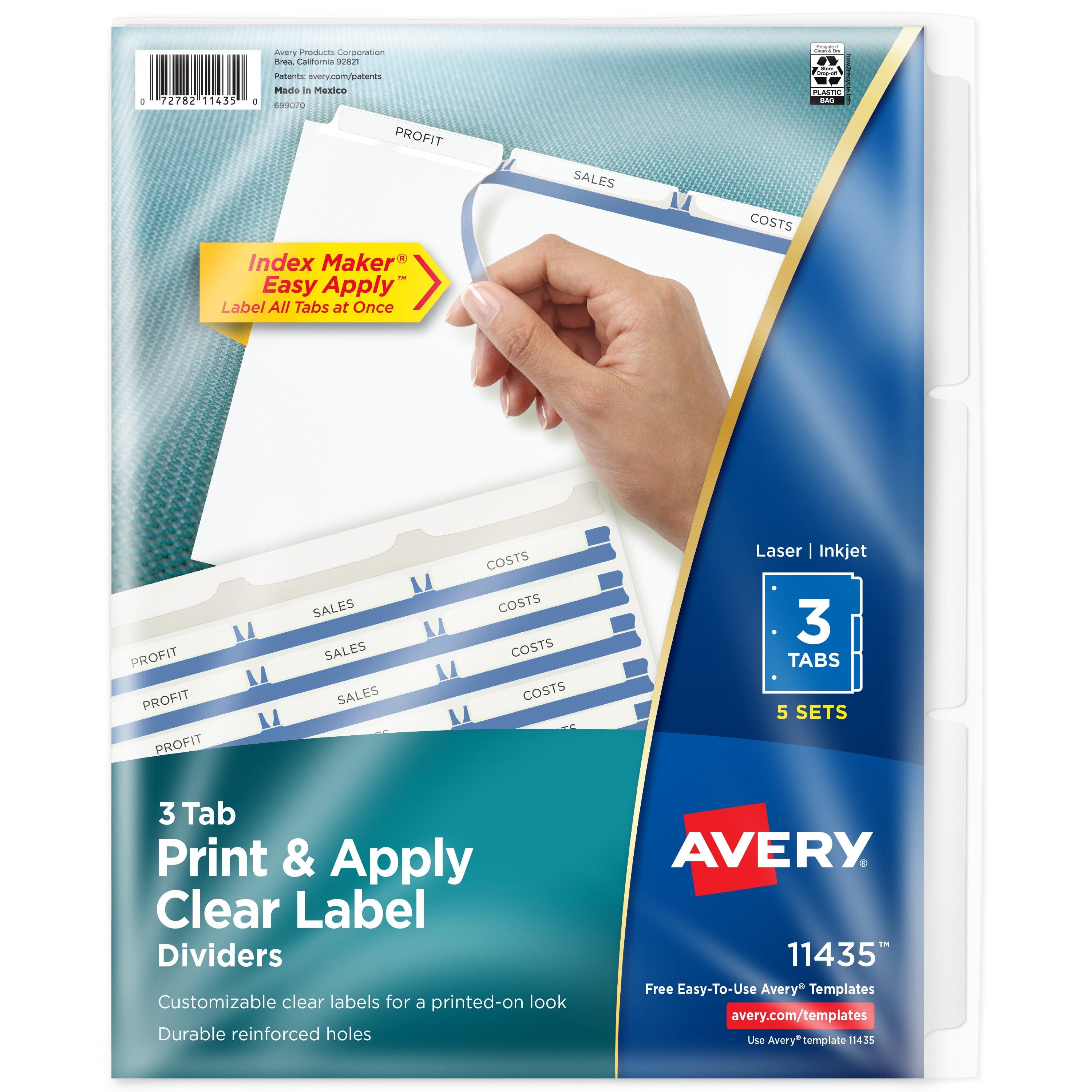 Avery Print & Apply Clear Label Dividers w/White Tabs 3-Tab Letter 5 Sets 11435