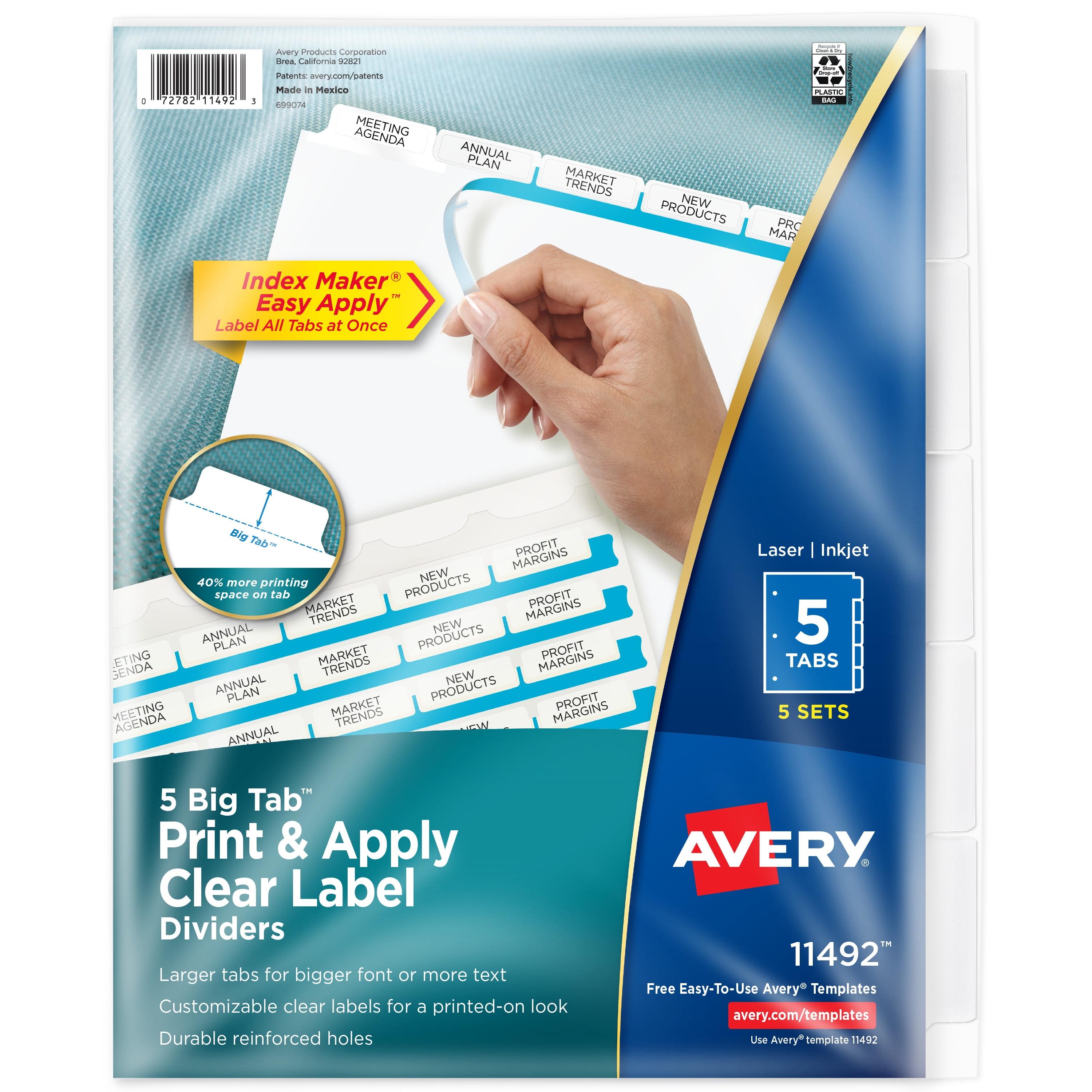 Avery Print & Apply Clear Label Dividers w/White Tabs 5-Tab Letter 5 Sets 11492