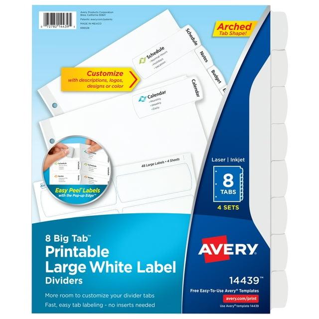 Avery Easy Peel Lrg Tab Dividers 8-Tab 4/PK White 14439