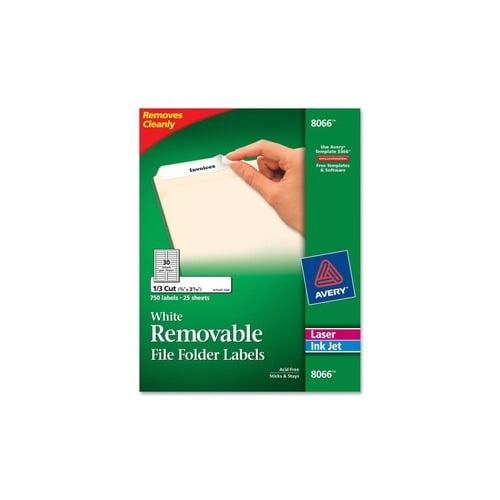 Avery Removable 1/3-Cut File Folder Labels Inkjet/Laser .66 x 3.44 White 750/PK 8066