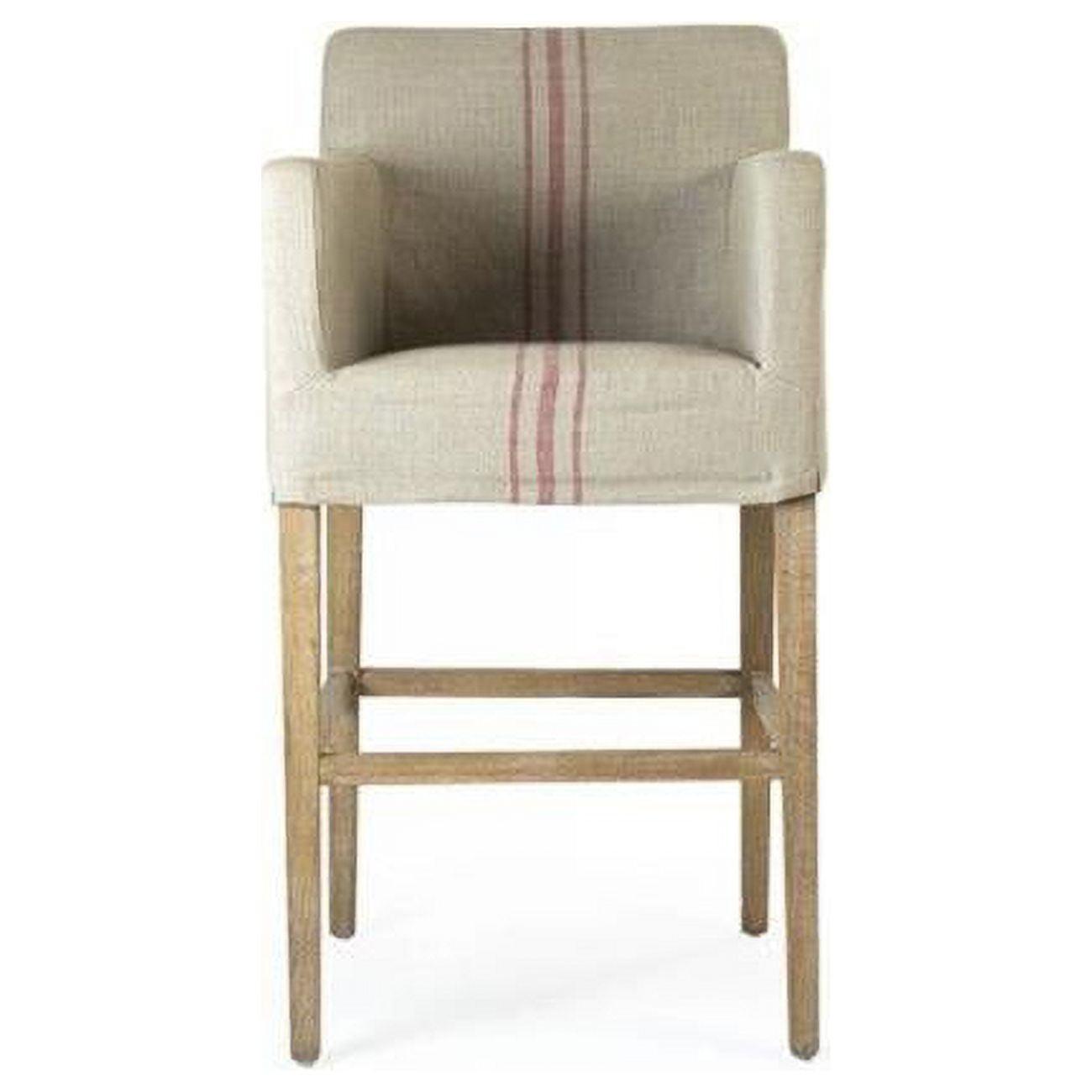 Khaki Red Stripe Upholstered Counter Stool with Wood Frame