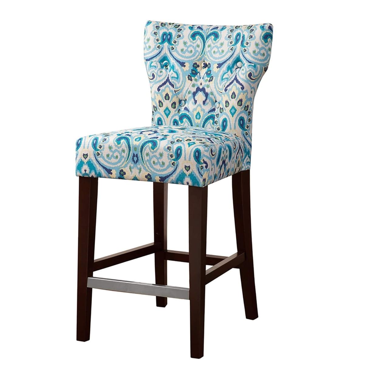 25" Saffron Tufted Back Counter Height Barstool Blue/Yellow: Espresso Wood Legs, Padded Seat